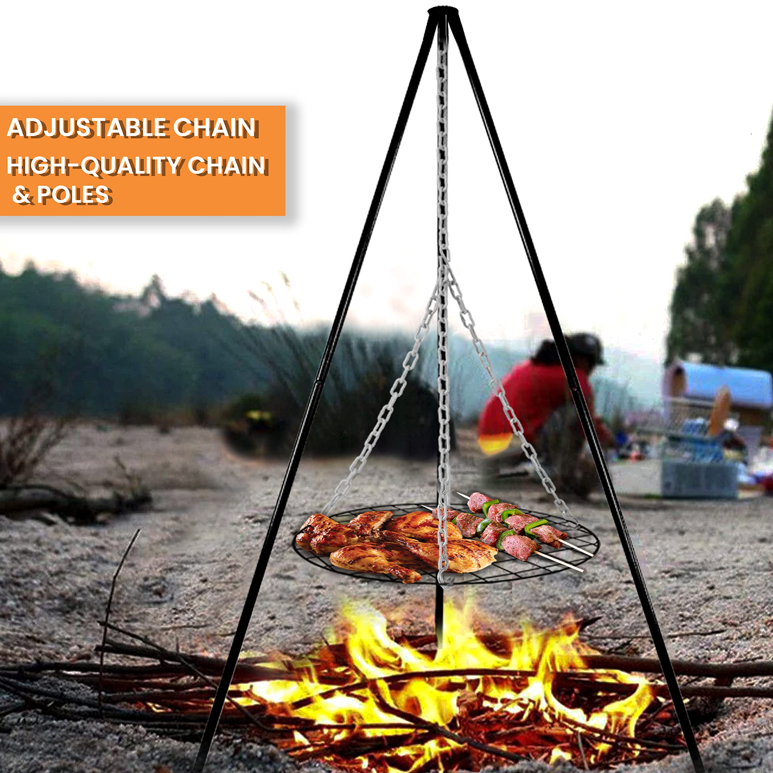 Campfire grill grate over fire pit with tripod stand for outdoor cooking