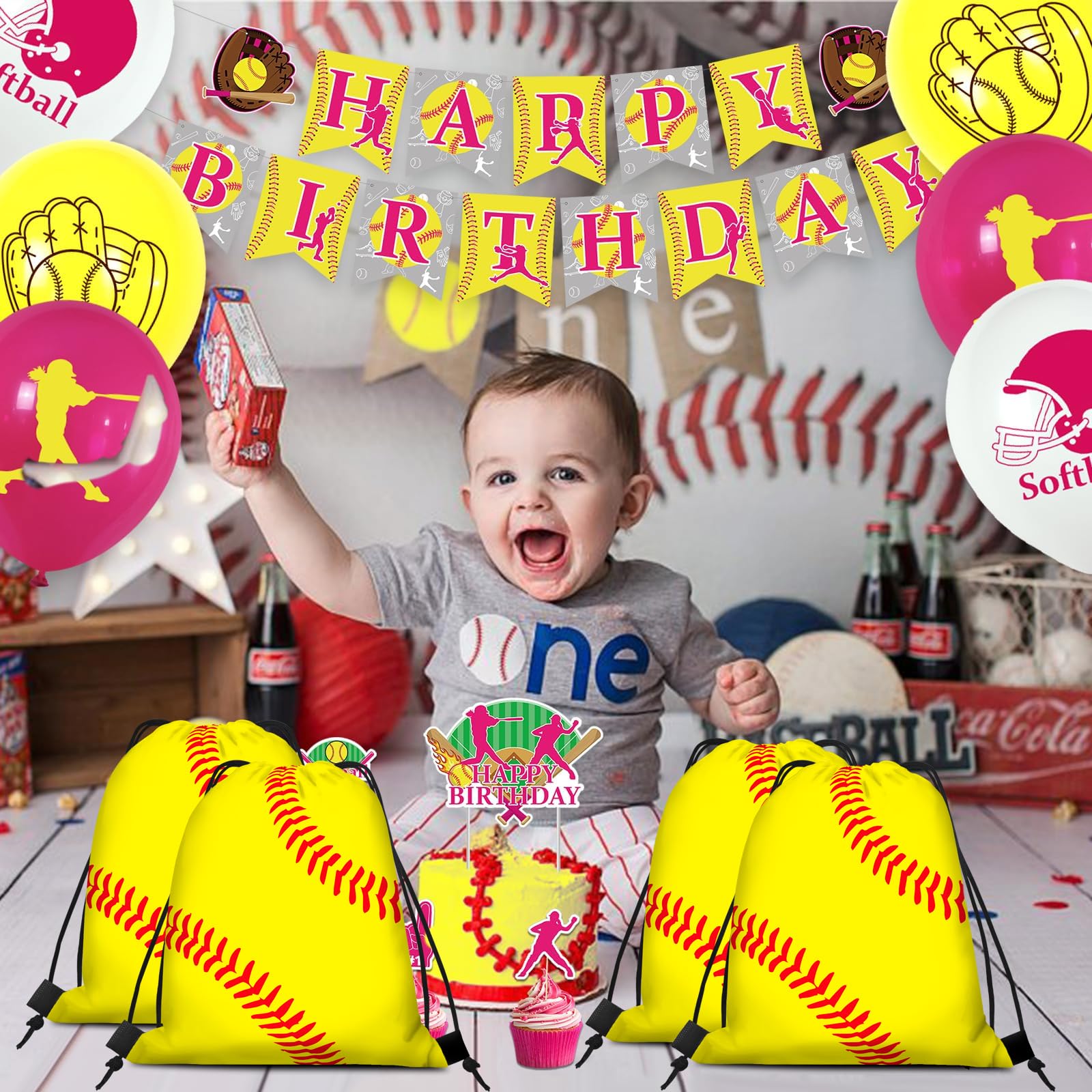 KERINGO 16 PCS Softball Gift Bag with Handles Drawstring String Soft Ball Goodie Sport Theme Party Favor Team Treat Bag for Birthday Team Snack