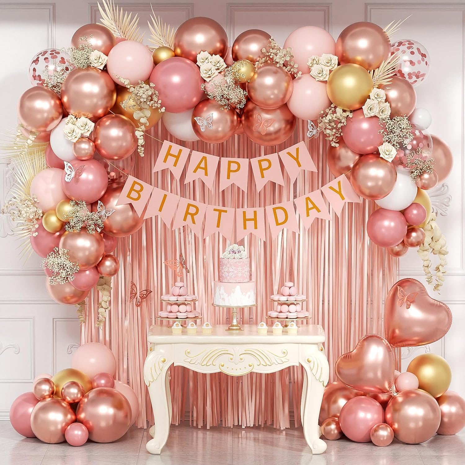 Shimmers Rose Gold Pink White Birthday Decoration Set - Pack of 57 Pcs Happy Birthday Banner, Confetti Balloons, Metallic Arch Garland Kit, Heart Foil Balloons, Party Backdrop for Girls and Women-image-19