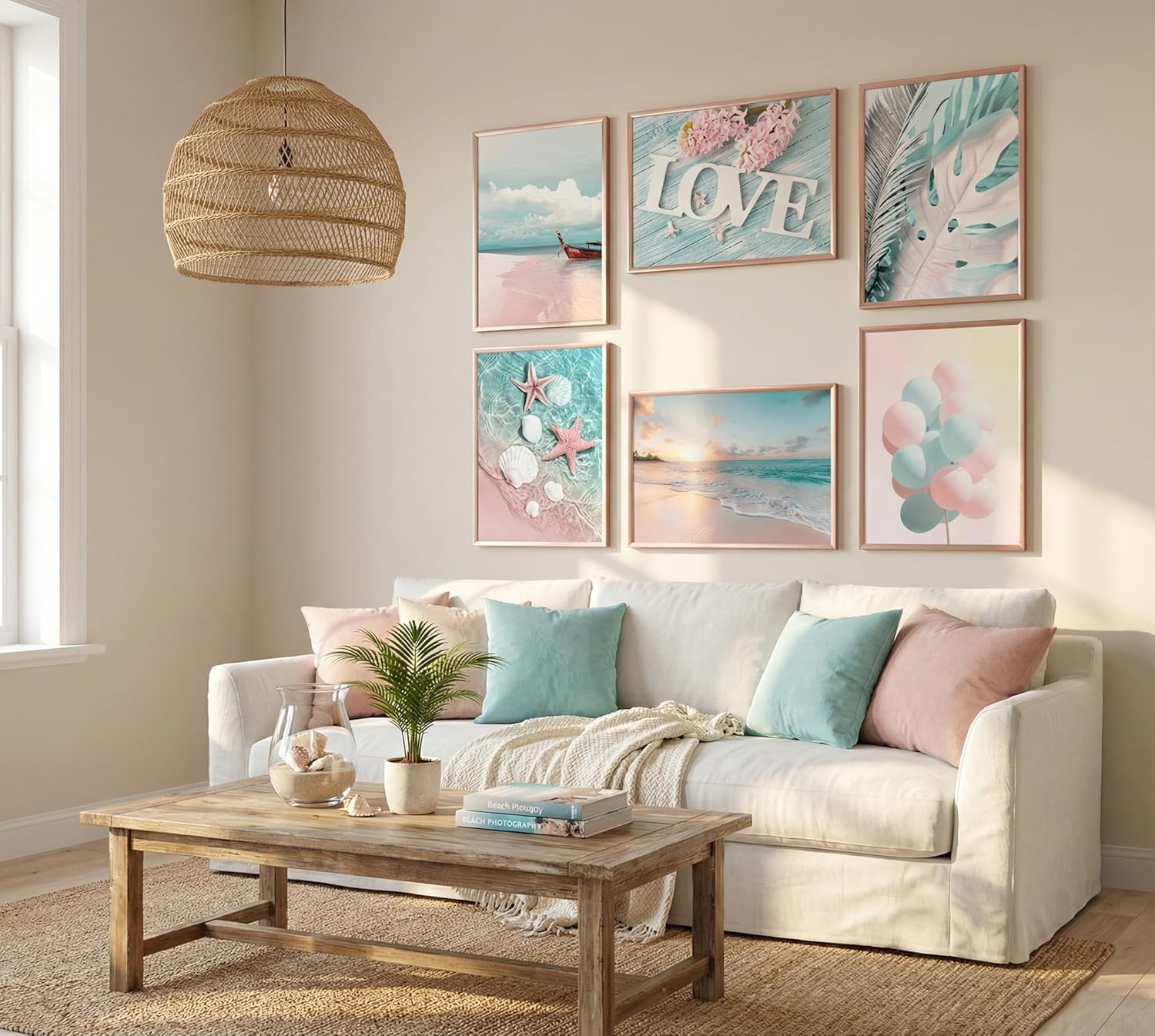 6Pcs Pastel Coastal Canvas Wall Art Beach Ocean Posters Prints with Love Quote Tropical Leaf & Balloon Artwork Modern Aesthetic Pictures Wall Decor for Living Bedroom Bathroom 12''x16'' Unframed