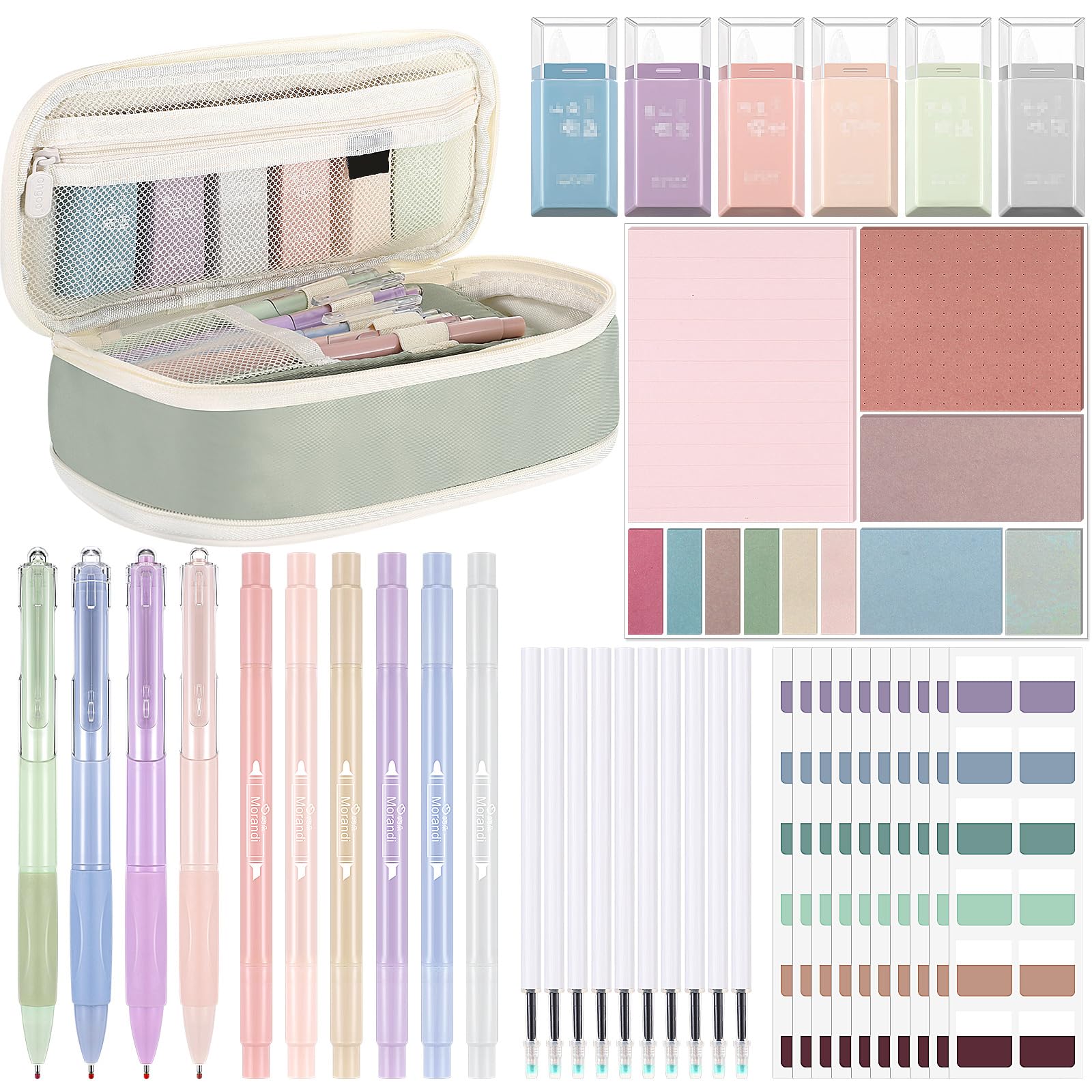 Janlaugh 38 Pcs Aesthetic College School Supplies with Pen Case Sticky Notes Gel Pens Highlighters Correction Tapes Back to School Stationery Kit(Morandi Color,Cute)