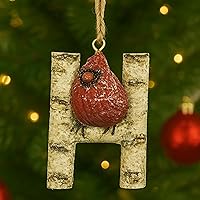 Vista 22 de Adorno de Navidad con letra inicial cardenal rústica, aspecto de madera de abedul, alfabeto, decoración con monograma para árbol de vacaciones