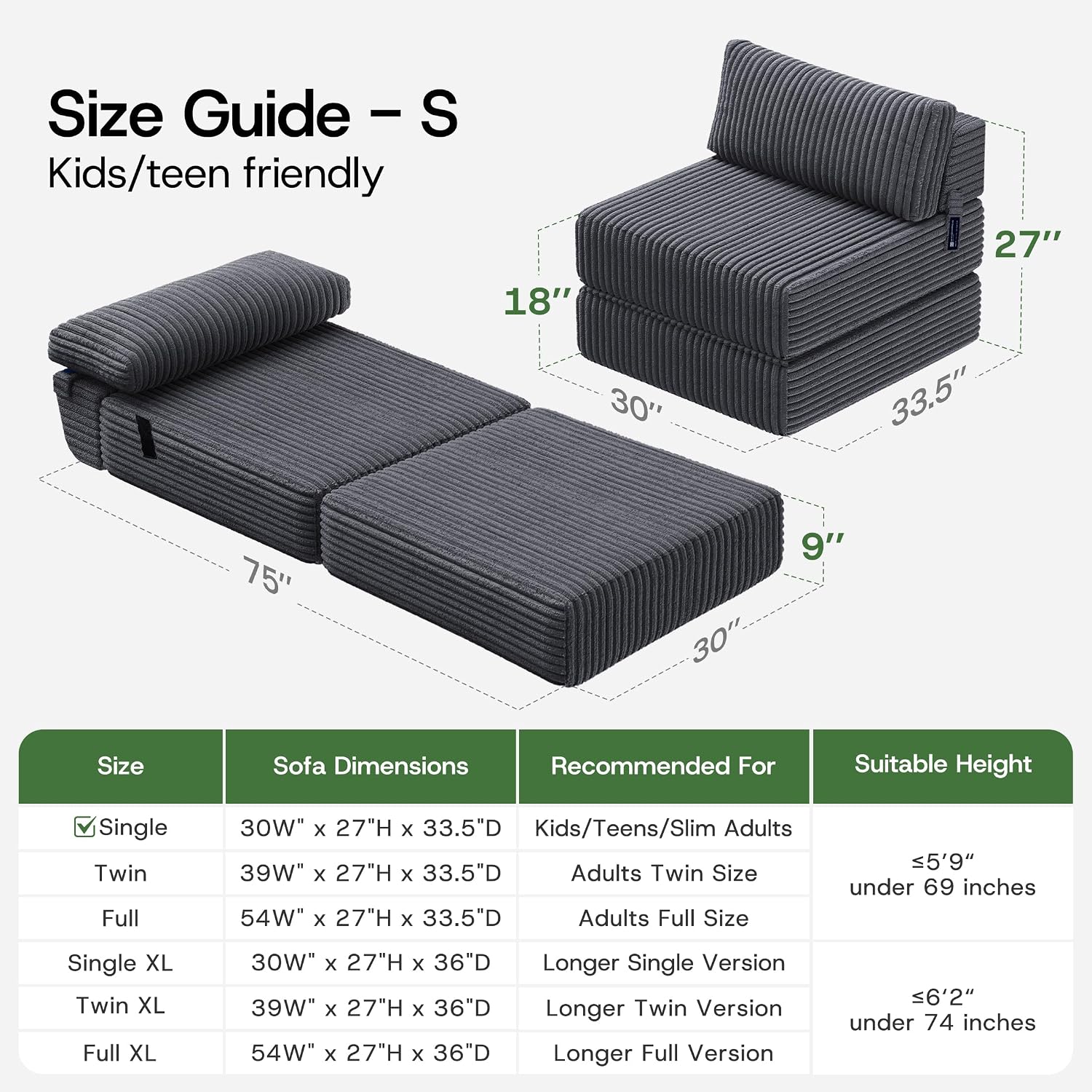 Convertible 4-in-1 Folding Sofa Bed Boneless Sleeper Chair Couch Foldable Chaise Lounger & Mattress Pocket Coils+Foam Fill Medium Support, No Assembly for Living Room/Bedroom, Single