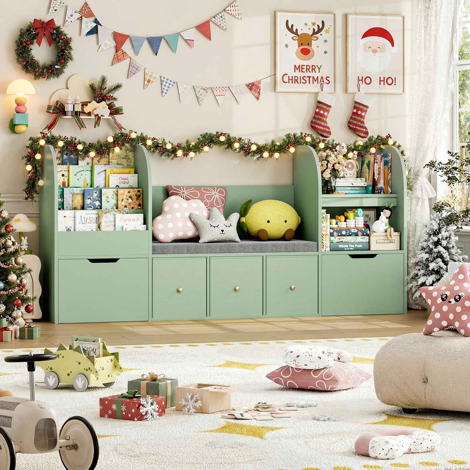 FOTOSOK 71” Kids Bookshelf with Reading Nook, Toy Storage Organizer with Seat Cushion and 2 Movable Drawers & 3 Fabric Toy Chests, Kids Reading Nook Toy Organizers and Storage with Bench for Playroom