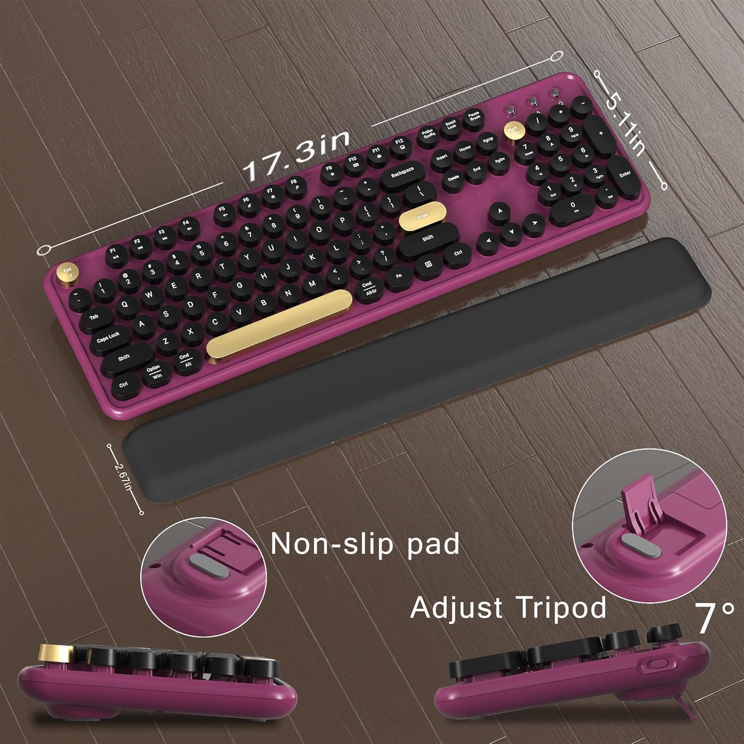 Colorful Wireless Computer Keyboard and Mouse Combo with Round Typewriter Keycaps, Retro Design, Power Switch, Ergonomic Design, 2.4GHz Wireless for Windows, Mac, PC（Black-Claret） - Image 6