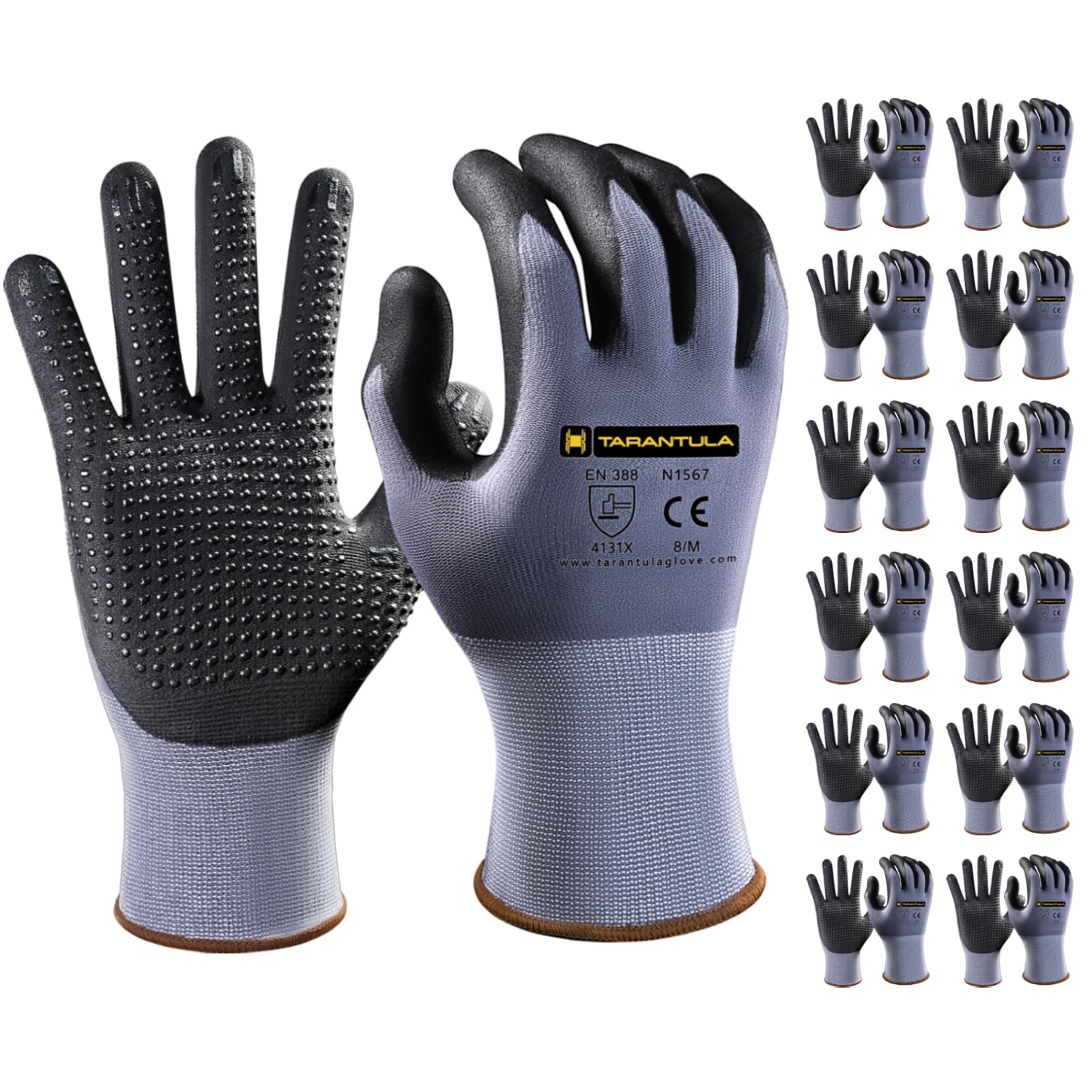 Tarantula Safety Work Gloves MicroFoam Nitrile Coated 12 Pairs,Endurance Seamless Knit Nylon,Dots on Palm,Dot Grip Gloves,Lagre