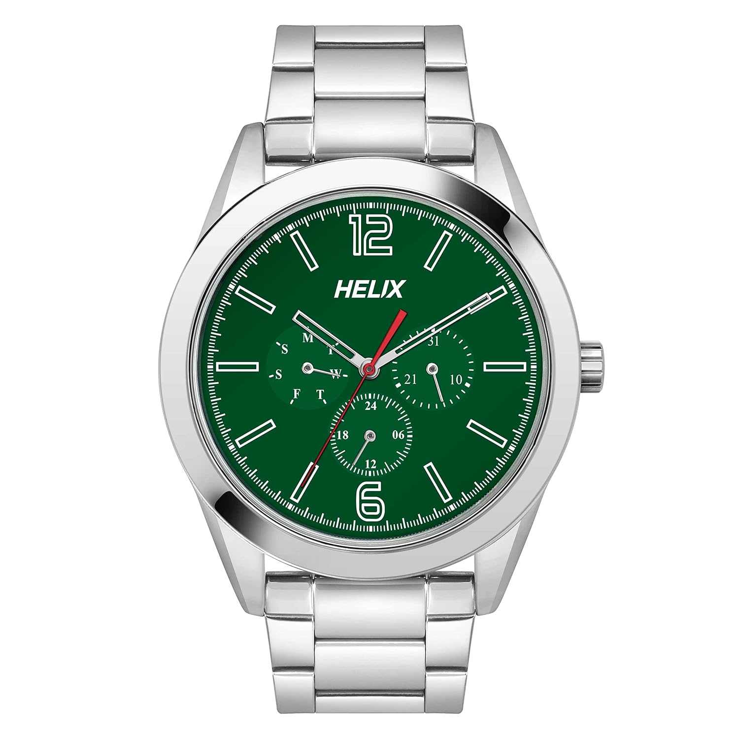Helix by Timex Analog Watch for Man with Green Round Dial & Silver Stainless Steel Bracelet Band Water Resistant Men’s Wrist Watches – TW031HG21