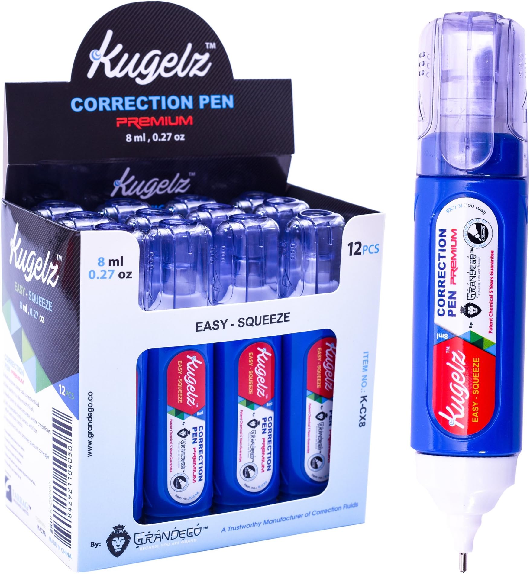 School and Office White Liquid Correction Pen | Bulk Pack of 12 - Easy Shake & Squeeze – Fluid-Based Quick-Drying Eraser, Special Soft and Fine Metal Tip – For Papers and Handwritten – 8 ml