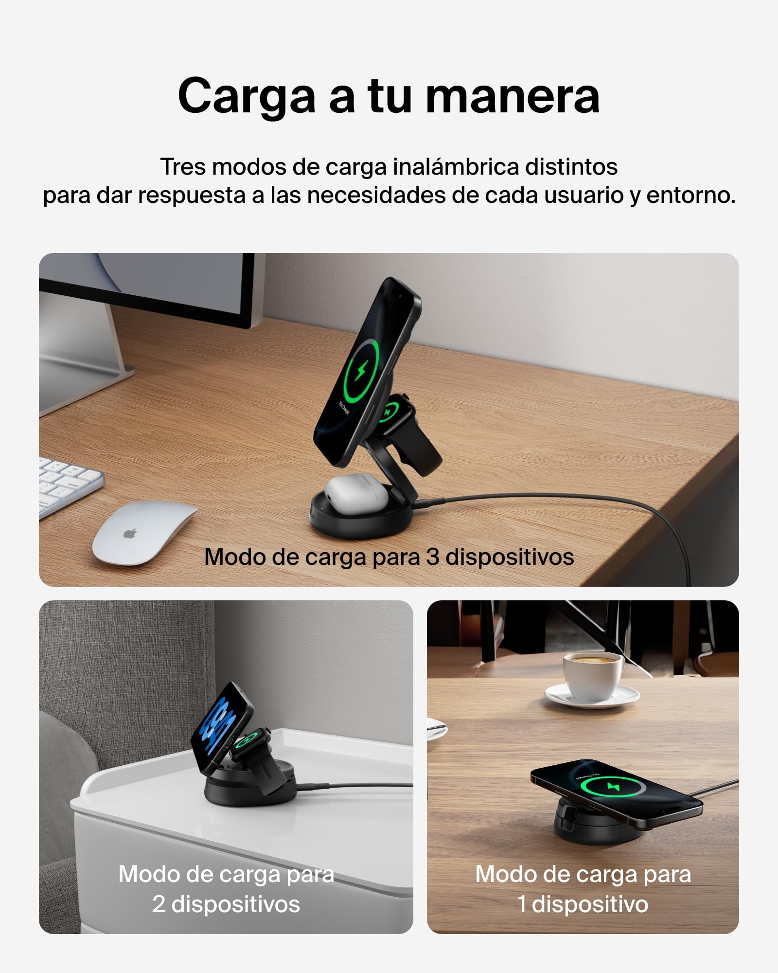 Belkin BoostCharge Cargador Inalámbrico Compatible con MagSafe, Estación de Carga Inalámbrica 3 en 1 de 15W, Certificación Qi2, iPhone 17, Air, Pixelsnap, Apple Watch y AirPods, Adaptador 36W - Negro