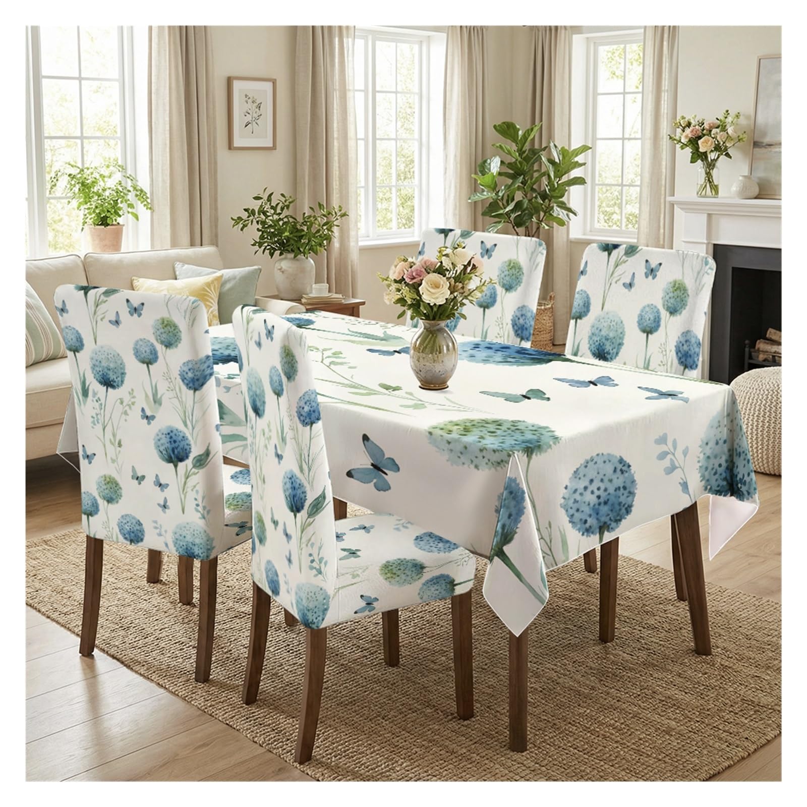 BOSUYBN Watercolor Blue Allium Flower & Butterfly Print Dining Tablecloth & Chair Covers Set, 5/7 Piece Fresh Minimal Cottage Dining Decor Table Setting(5pcs Set: Tablecloth+Chair Covers)