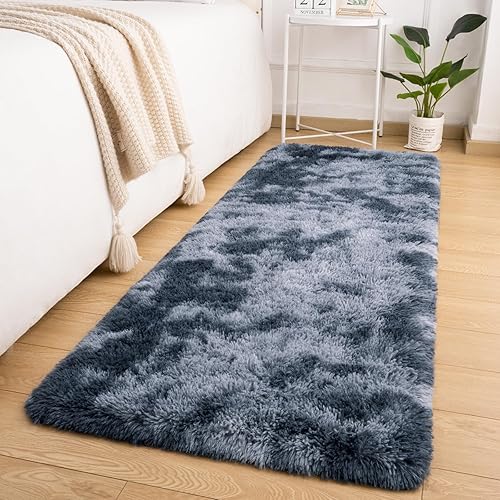 Softlife Alfombra de área para dormitorio, alfombra mullida de felpa teñida con lazo azul arco iris para sala de estar, para niñas, alfombra lanuda