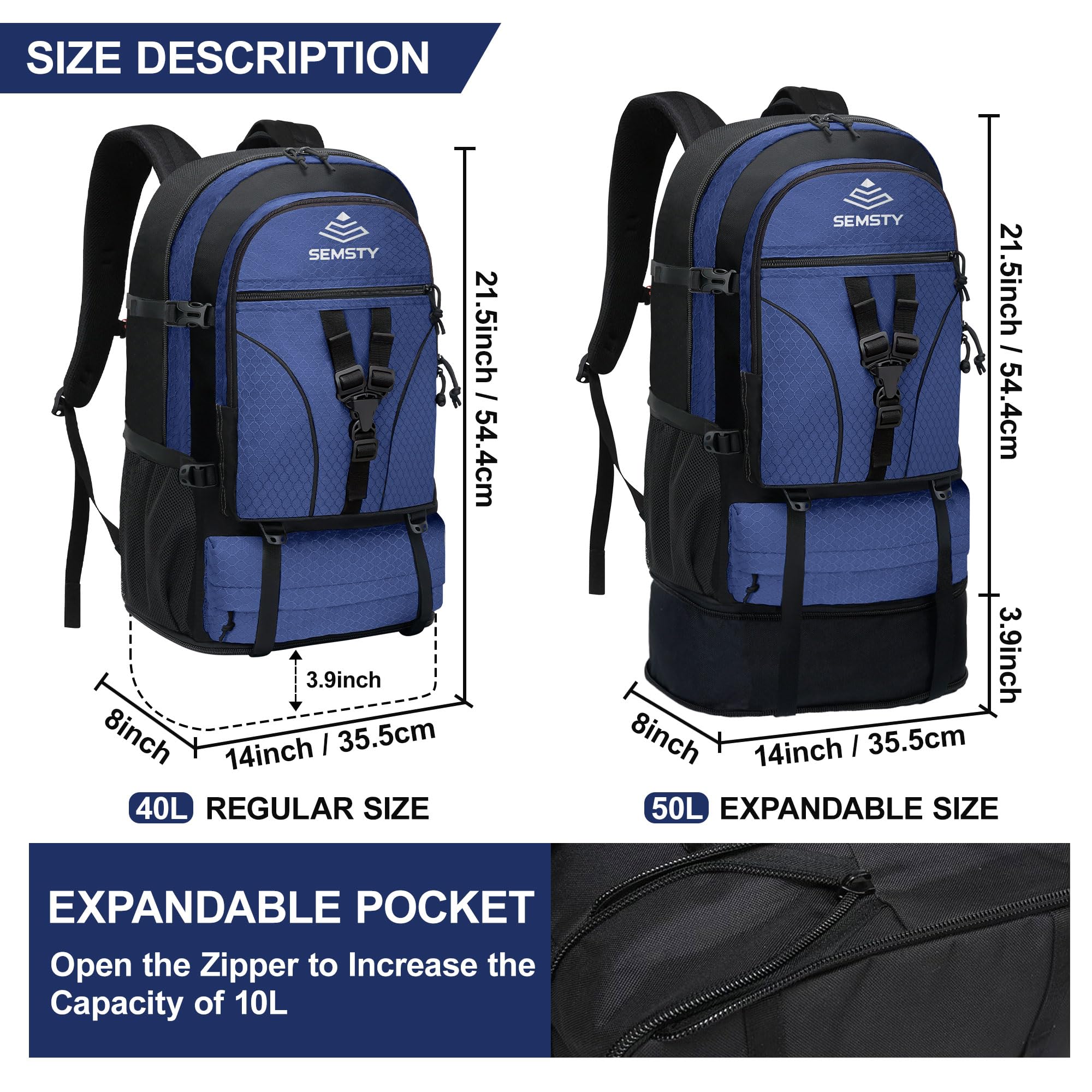Mochila de senderismo, 40 L + 10 L, mochila de viaje expandible aprobada para vuelo, camping, mochila de viaje para hombres y mujeres
