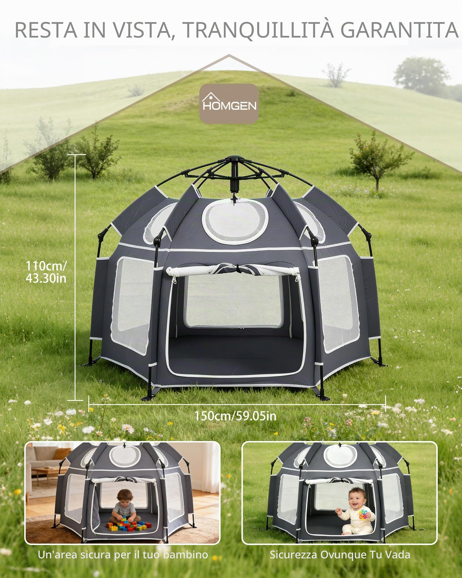 HOMGEN Box Pieghevole POP-UP 150x110 cm con Copertura UV Rimovibile in Tessuto Oxford 210D Box da Esterno per Bambini Portatile in Rete per Spiaggia, Parco e Casa