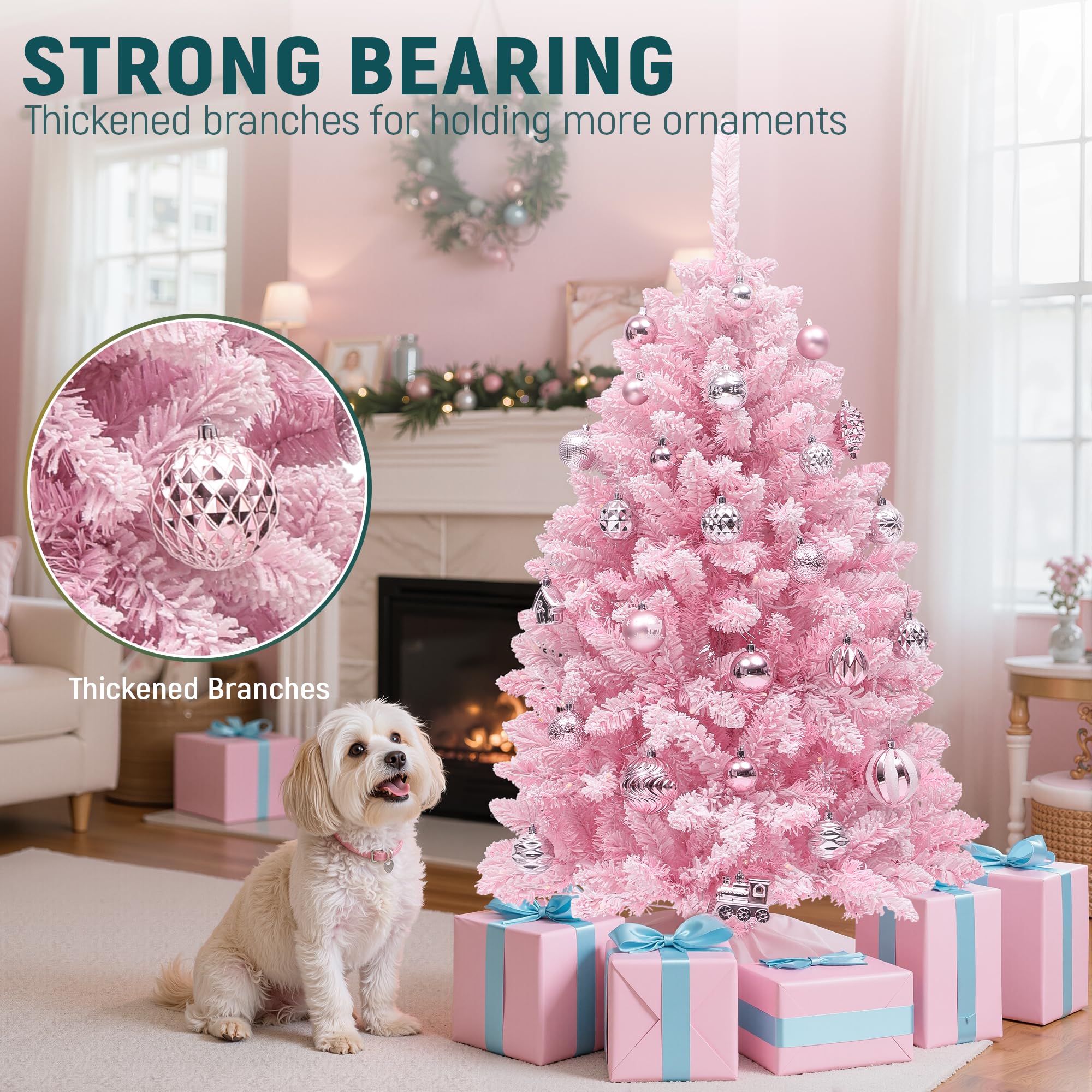 YITAHOME Árbol de Navidad Iluminado de 1,37 m de Color Rosa, con 400 Puntas de PVC flocadas y 200 Luces Blancas cálidas para decoración del hogar