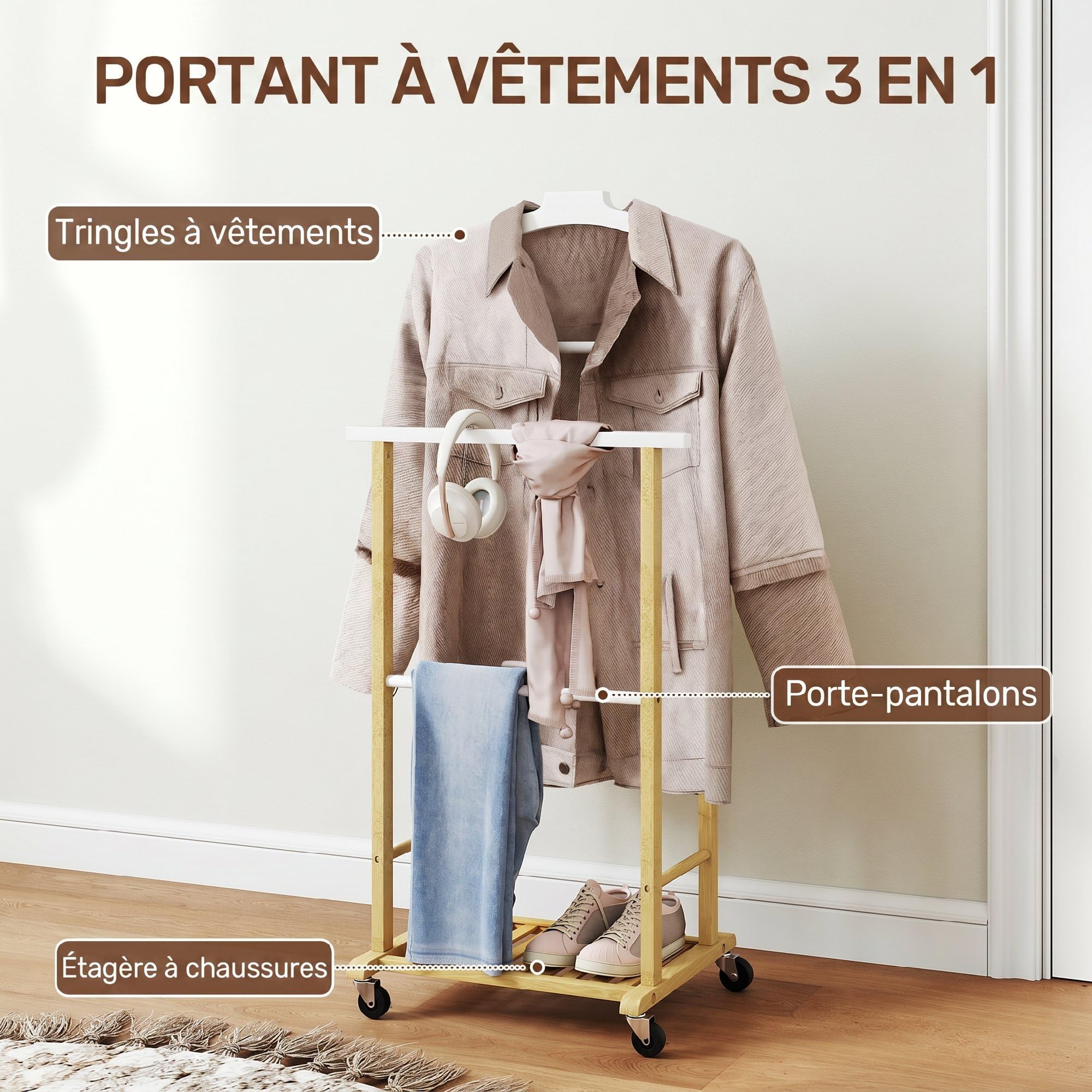HOMCOM Valet de chambre à roulettes, portant à vêtements en bambou avec cintre intégré, tiges à pantalons et étagère pour chaussures, porte-manteaux pour chambre, buanderie, bois naturel et blanc