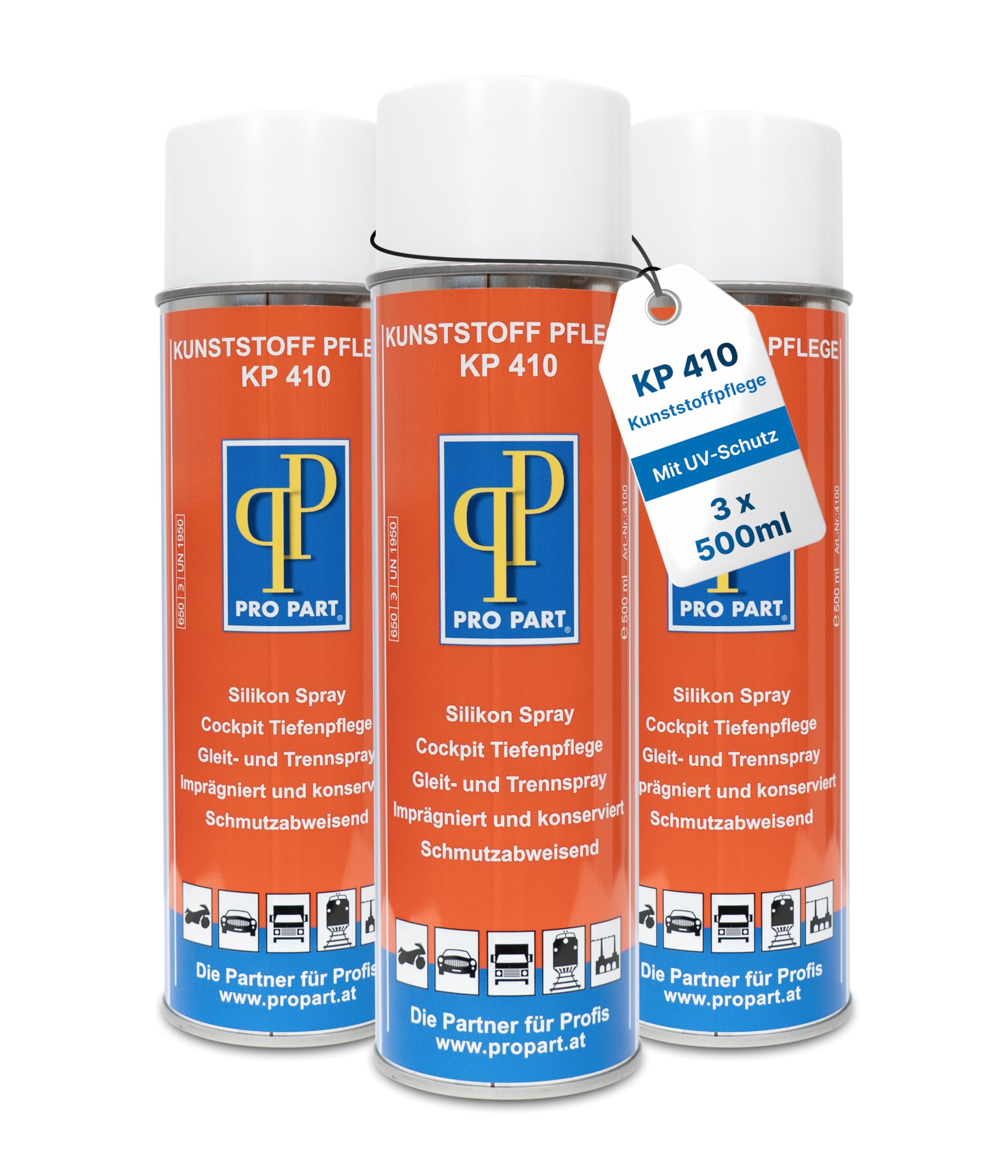 Pro Part® Kunststoffpflege KP 410 – 3 x 500 ml – Autopflege für Kunststoff & Gummi, extremer UV-Schutz, hoher Silikonanteil, schützt vor Verschleiß & Verfärbung, frischt Kunststoff auf, Made in EU