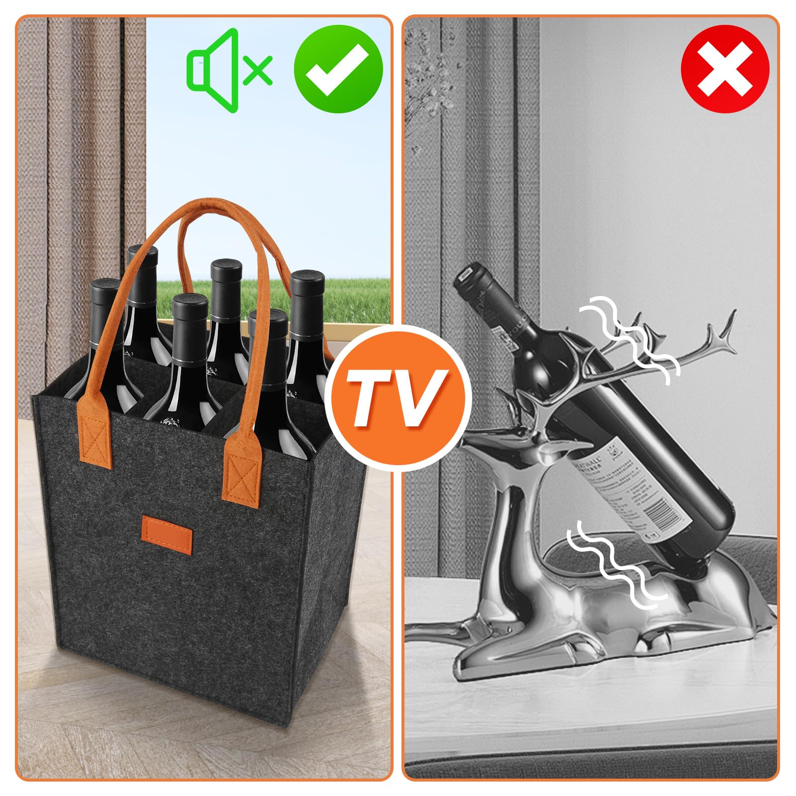 Haocjanc Dark Grey Felt Bottle Carrier, 6 Bottle Basket, Reusable, 23 x 18 x 27 cm - Image 4