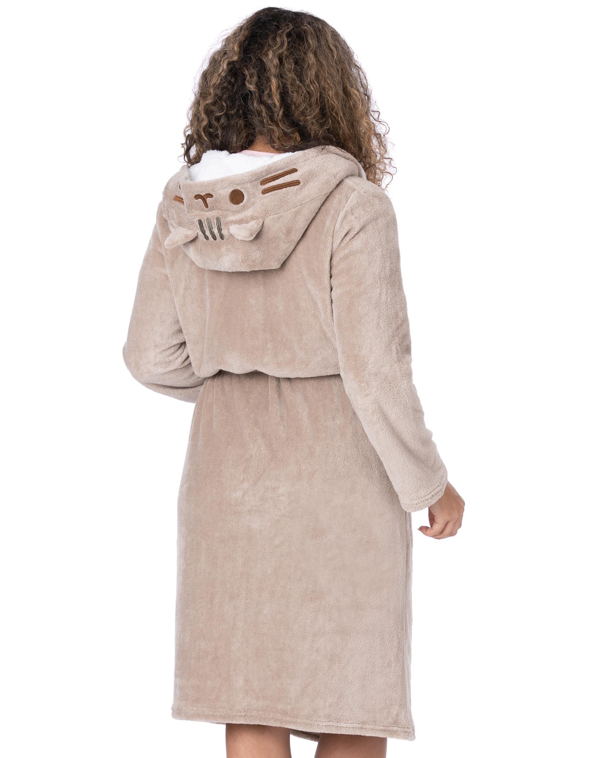 Pusheen the Cat Robe de chambre femme | Ladies Novelty Brown Nightwear Robe | Chat de dessin animé avec peignoir de personnage à oreilles 3D | Pusheen Cadeaux de marchandise