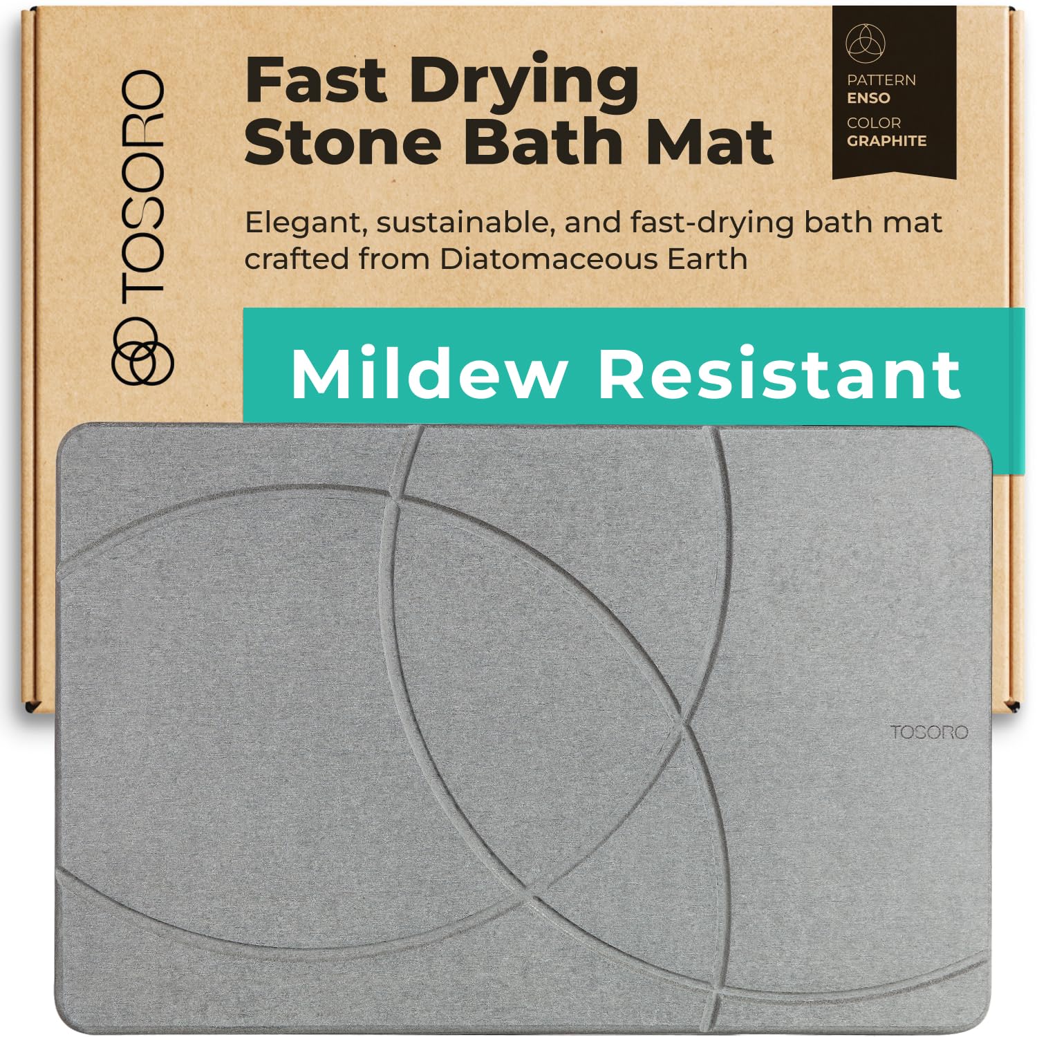 TOSORO - Stone Bath Mat, Diatomaceous Earth Non-Slip Stone Shower Mat - Quick Drying Absorbent Bath Mats for Bathroom - Elegant & Modern Design, Easy to Clean (23.5 x 15) - Graphite