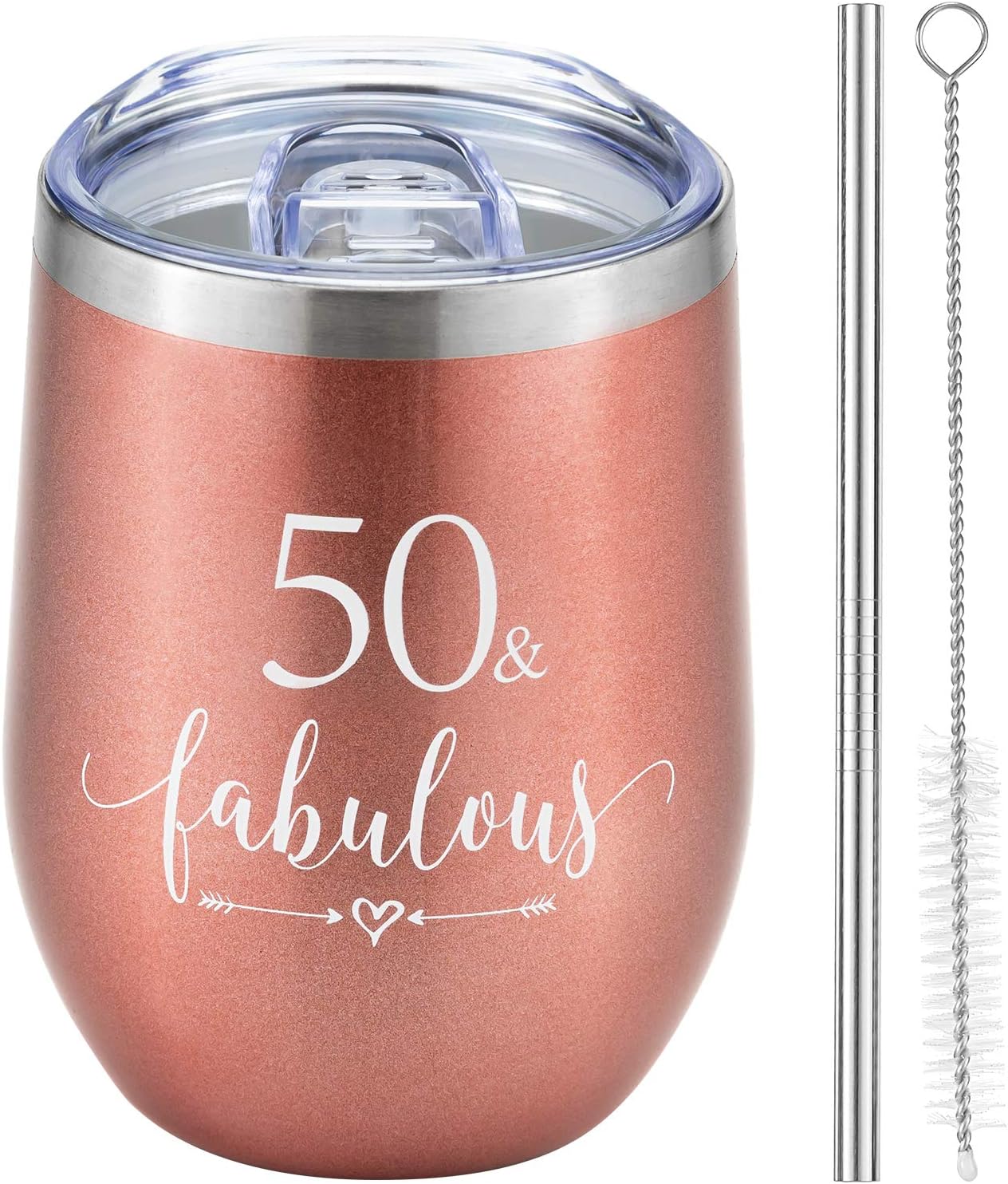 Crisky Rose Gold 50 & Fabulous Wine Tumbler for Women 50th Birthday Gifts for Women, Wife, Mom, Sister, Aunt, Friends, Coworker Her, Vacuum Insulated Coffee Cup,12oz with Box, Lid, Straw - Image 9