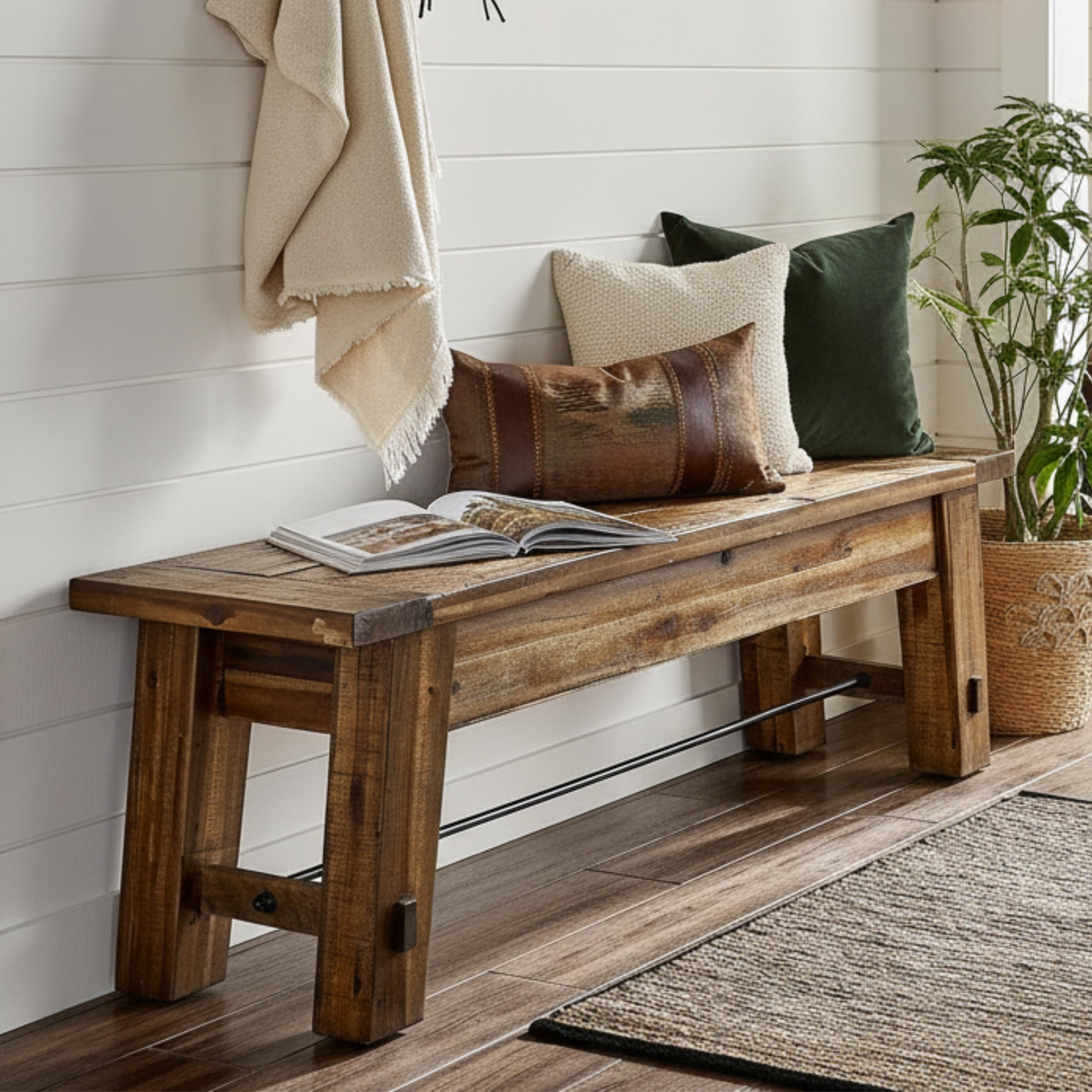 Durango Rustic Farmhouse Style 60-Inch Wood Bench - Industrial Modern Accent Furniture with Solid Wood Seat for Entryway, Dining Room, Hallway, Foyer, or Kitchen by Alaterre Furniture | Large Shoe Bench with Metal Rod Accent, Modern Farmhouse Table Bench