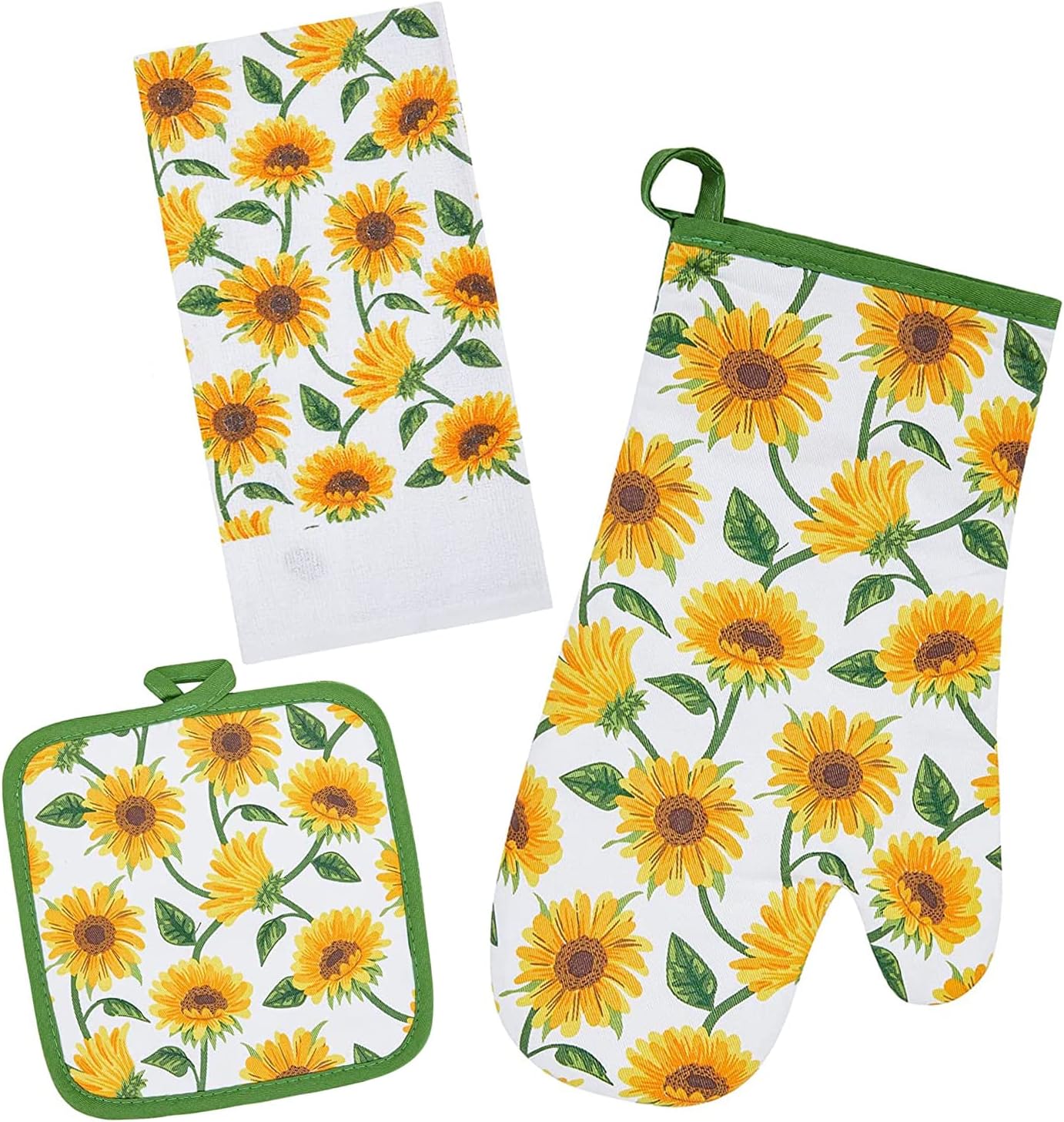 Kitchen Towels 3 Piece Line Set, Oversized Tea Towels Pot Holders Oven Mitt, Cotton Decorative Dish Towels, Floral Pot Holders Linen Set for Home Cleaning Daily Kitchen