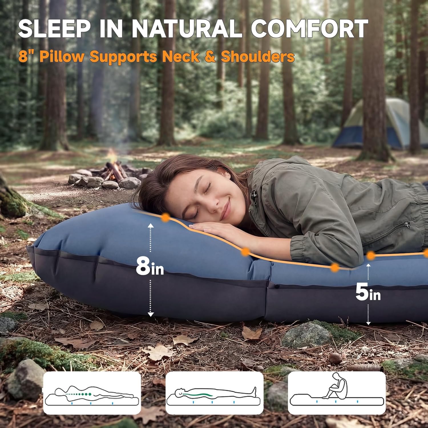 Camping Sleeping Pad, 5" Ultralight Inflatable Sleeping Mat with Pillow, Built-in Foot Pump Inflatable Sleeping Pads Compact for Camping Backpacking Hiking Traveling Tent