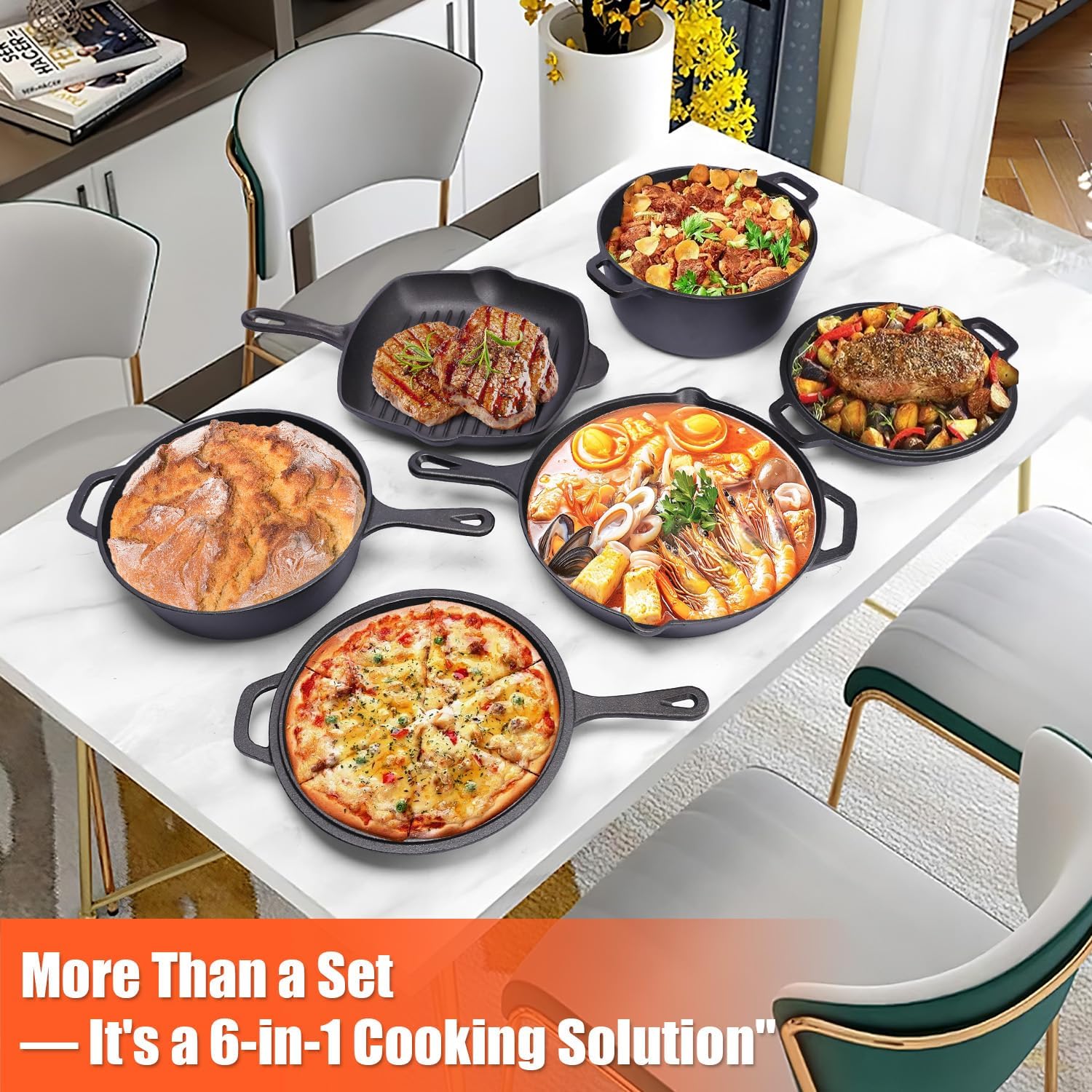 GFTIME Gusseisen Kochgeschirr Set 6-teilig mit 5 QT Dutch Oven & Deckel, 3,2 QT Schmortopf mit 1,6 QT Pfannen-Deckel, 28 cm Grillpfanne, 30,5 cm Bratpfanne, für Herd, Backofen, Grill & Camping