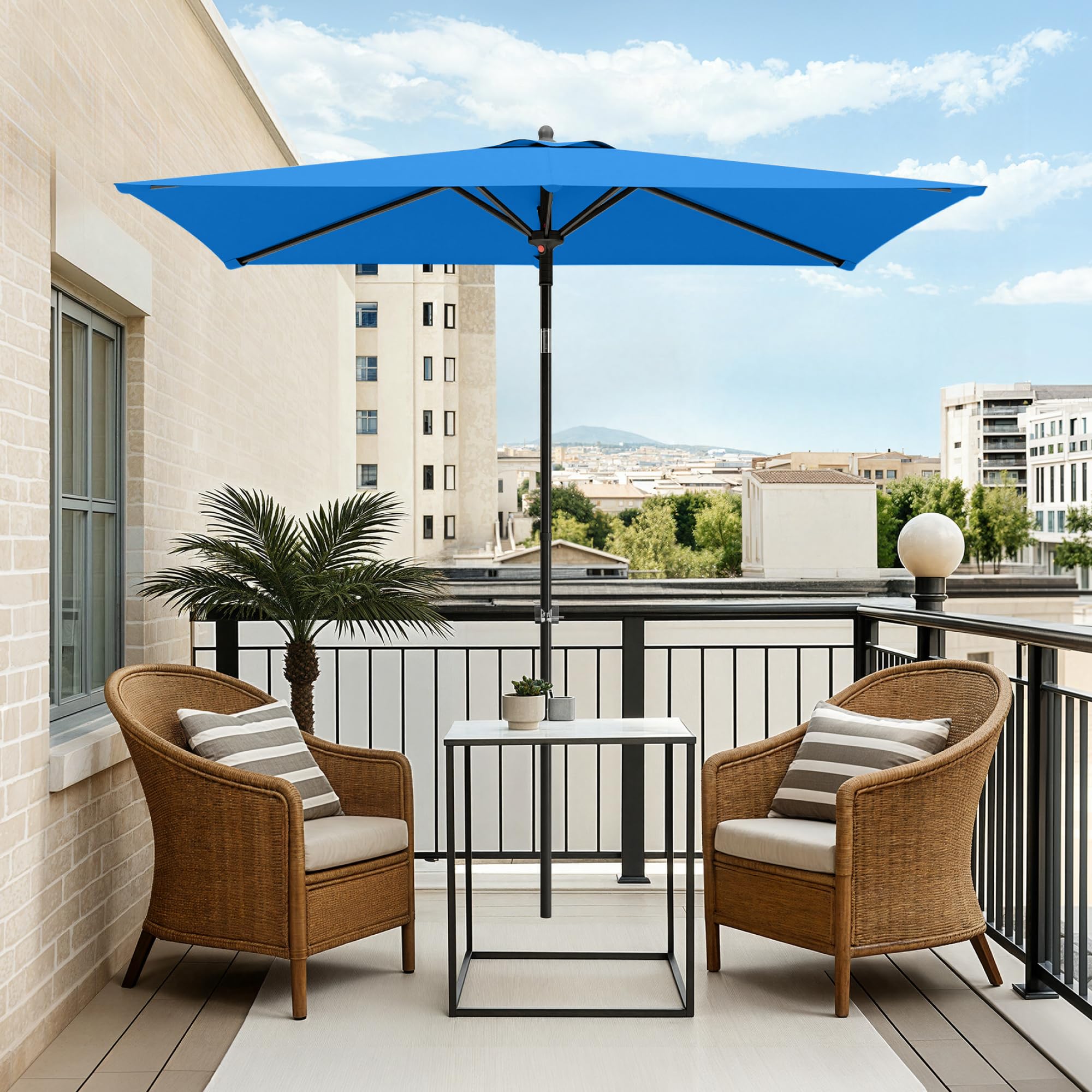 PHI VILLA 210x140x220cm Sonnenschirm Eckig mit Klemme, Gartenschirm Kippbar Windfest Stabil zum Mitnehmen, UV50+ Schutz für Balkon Terrasse Balkongeländer Tisch