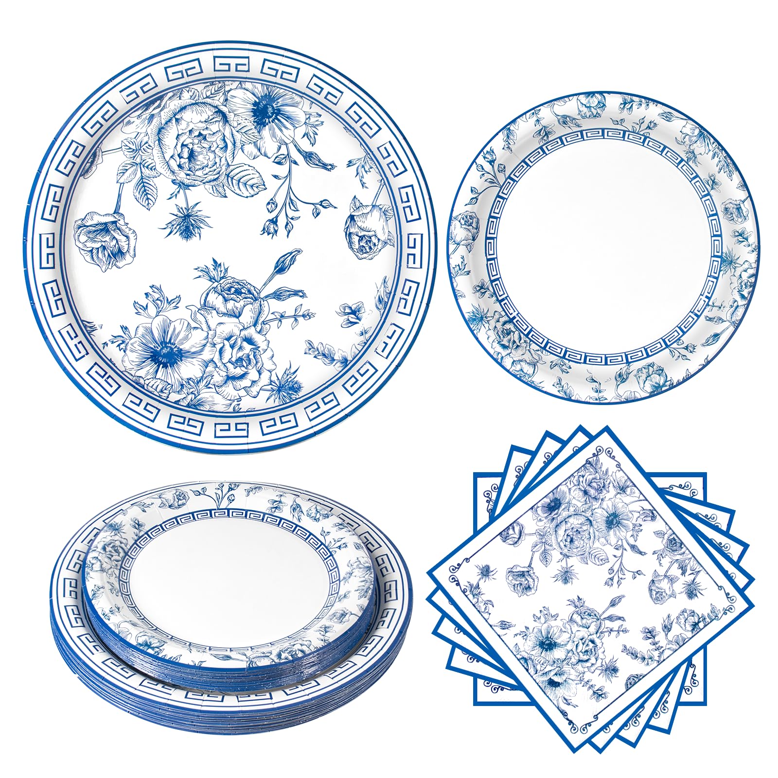 60Pcs Blue White Floral Party Supplies,Blue and White Floral Paper Plates and Napkins Set for Wedding, Bridal&Baby Shower Wedding Tea Party Decorations, Serves 20 Guests