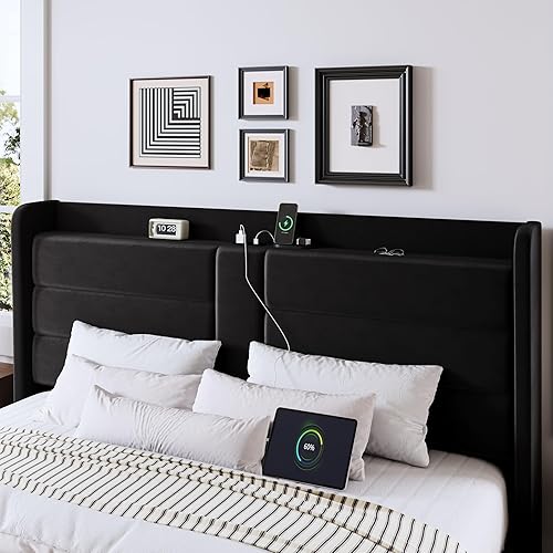 Miniatura 4 de Allewie Base de cama de plataforma tamaño Queen con estación de carga y cabecera de almacenamiento, diseño tapizado de terciopelo con respaldo de