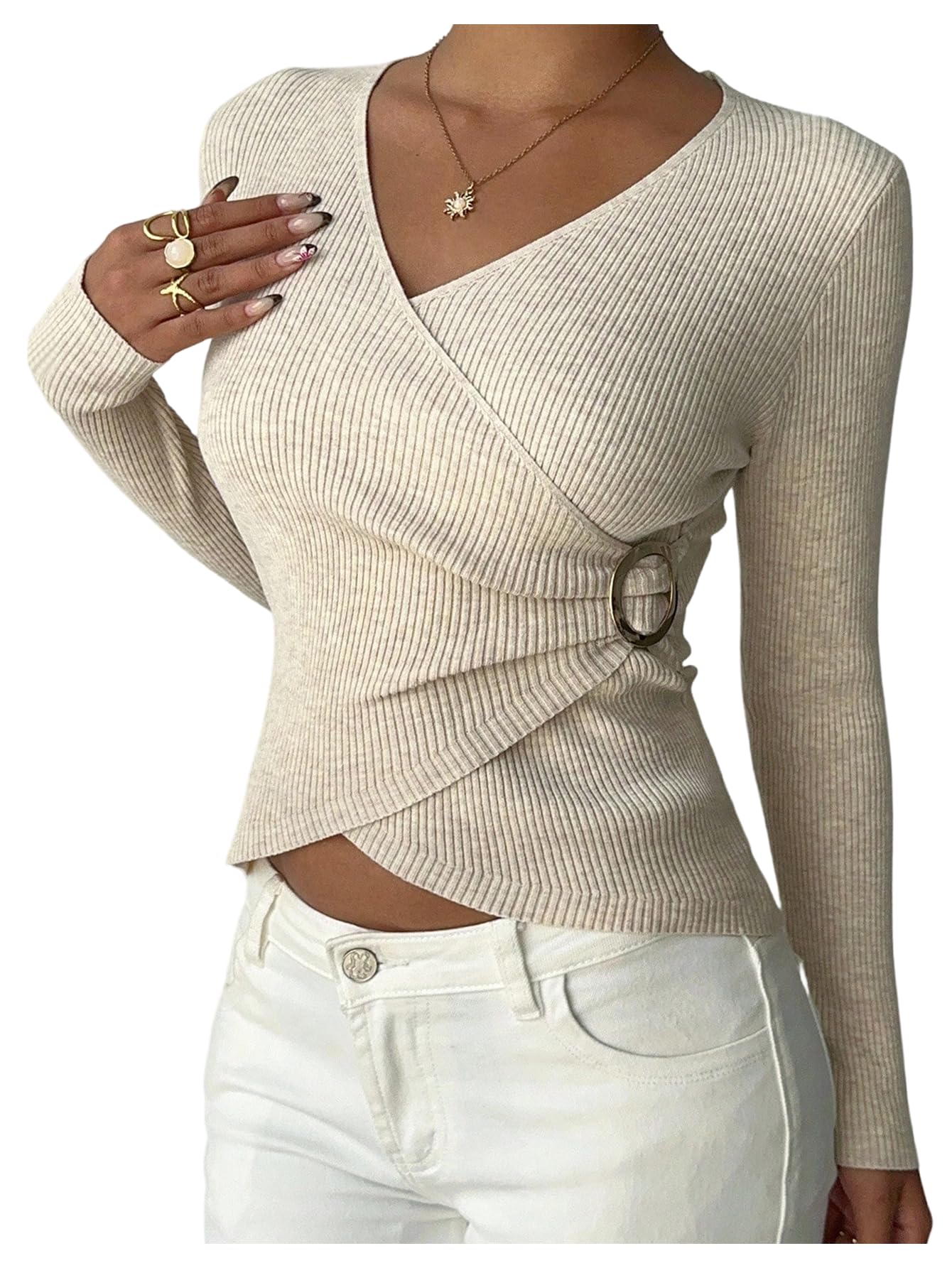 GORGLITTER Womens V Neck Wrap Sweater Long Sleeve Slim Fit Knit Crop Pullover Going Out Fall Tops
