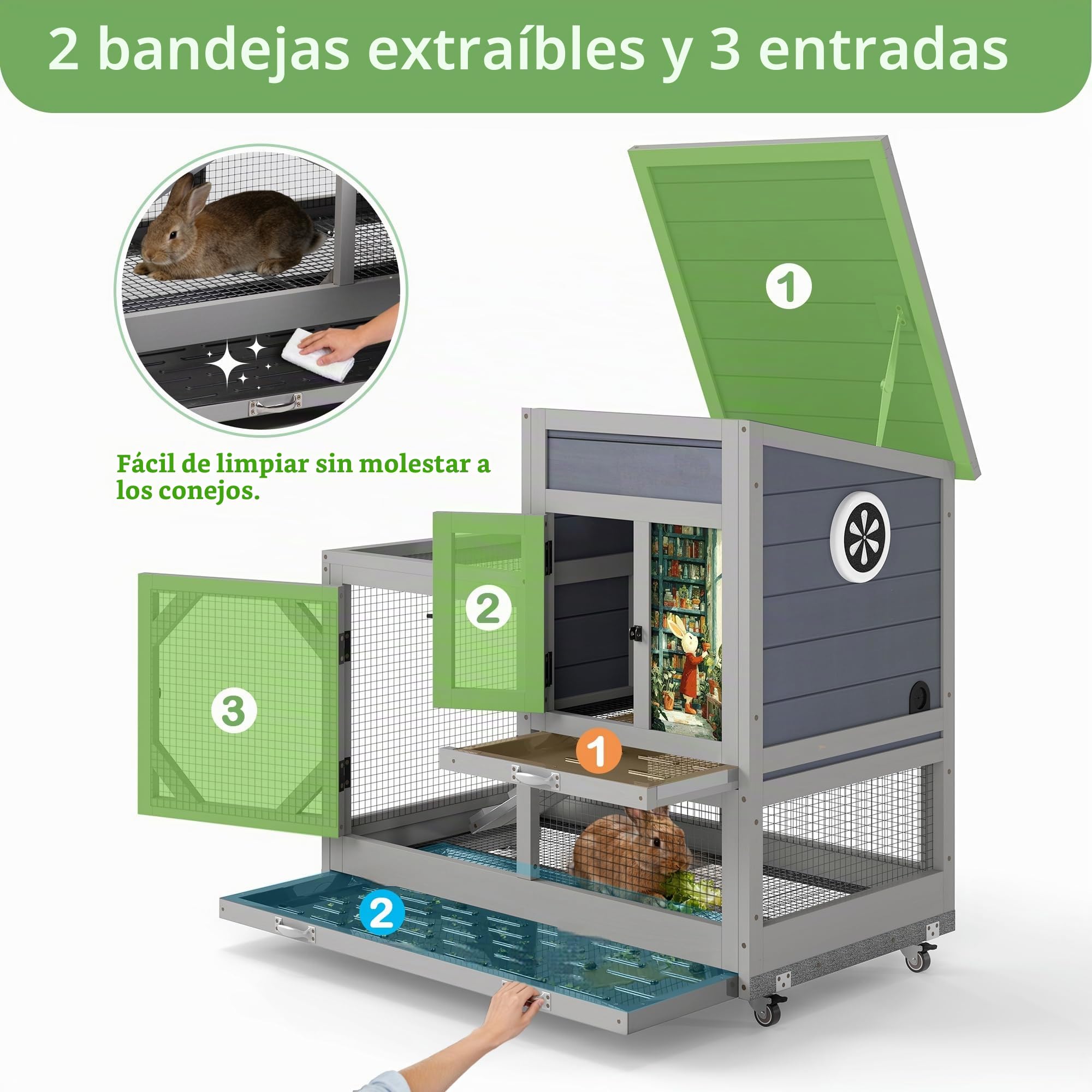 Jaula para conejos con área de juego al aire libre, de 2 pisos con ruedas, con gran cajón, techo de asfalto impermeable - Corral de madera para conejos afuera y adentro, para cobayas