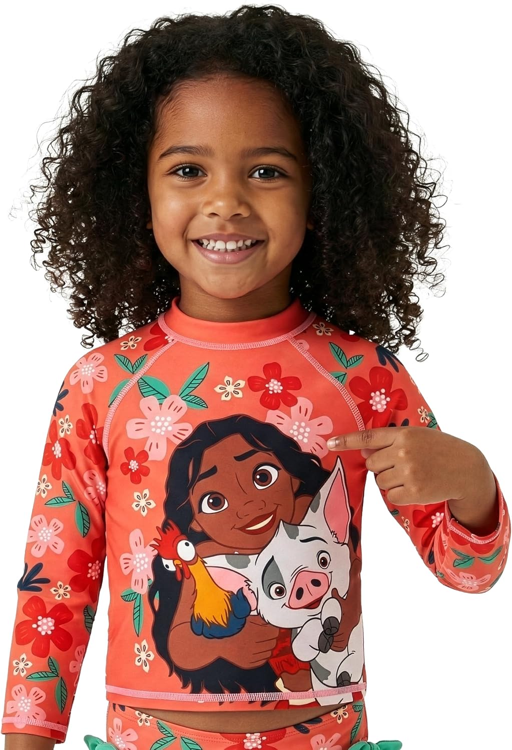 Disney Moana Girls Bathing Suit, Princess Girls Swimsuit, Long Sleeve Moana Swimsuit with Bows, Kids Bathing Suit