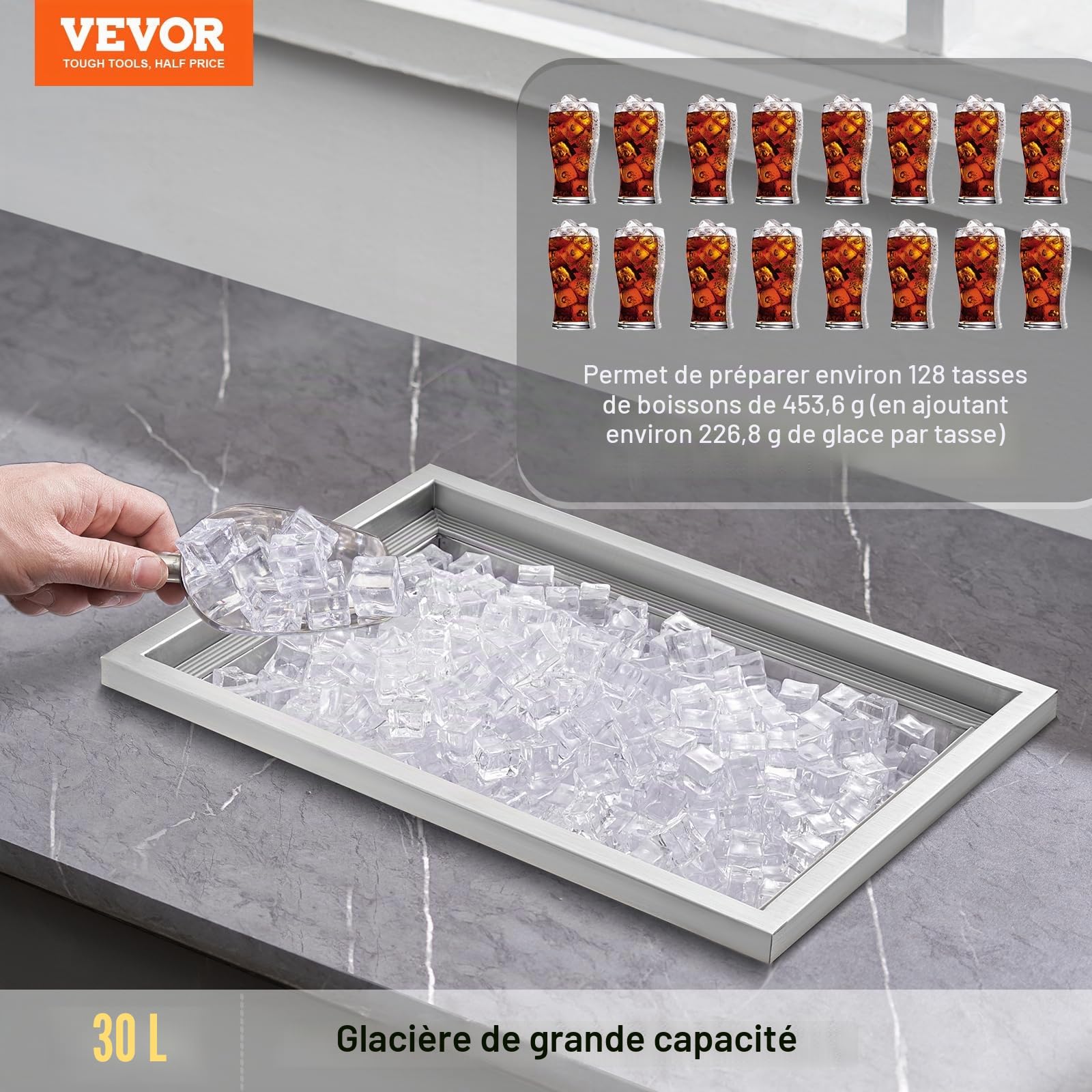 VEVOR Bac à Glace Encastrable 30,25 L 508x355x308 mm Boîte Isotherme pour Glace avec Couvercle en Inox Alimentaire Conservateur à Glaçons pour Boissons Bières Fraîches Cuisine Extérieure Bar Domicile