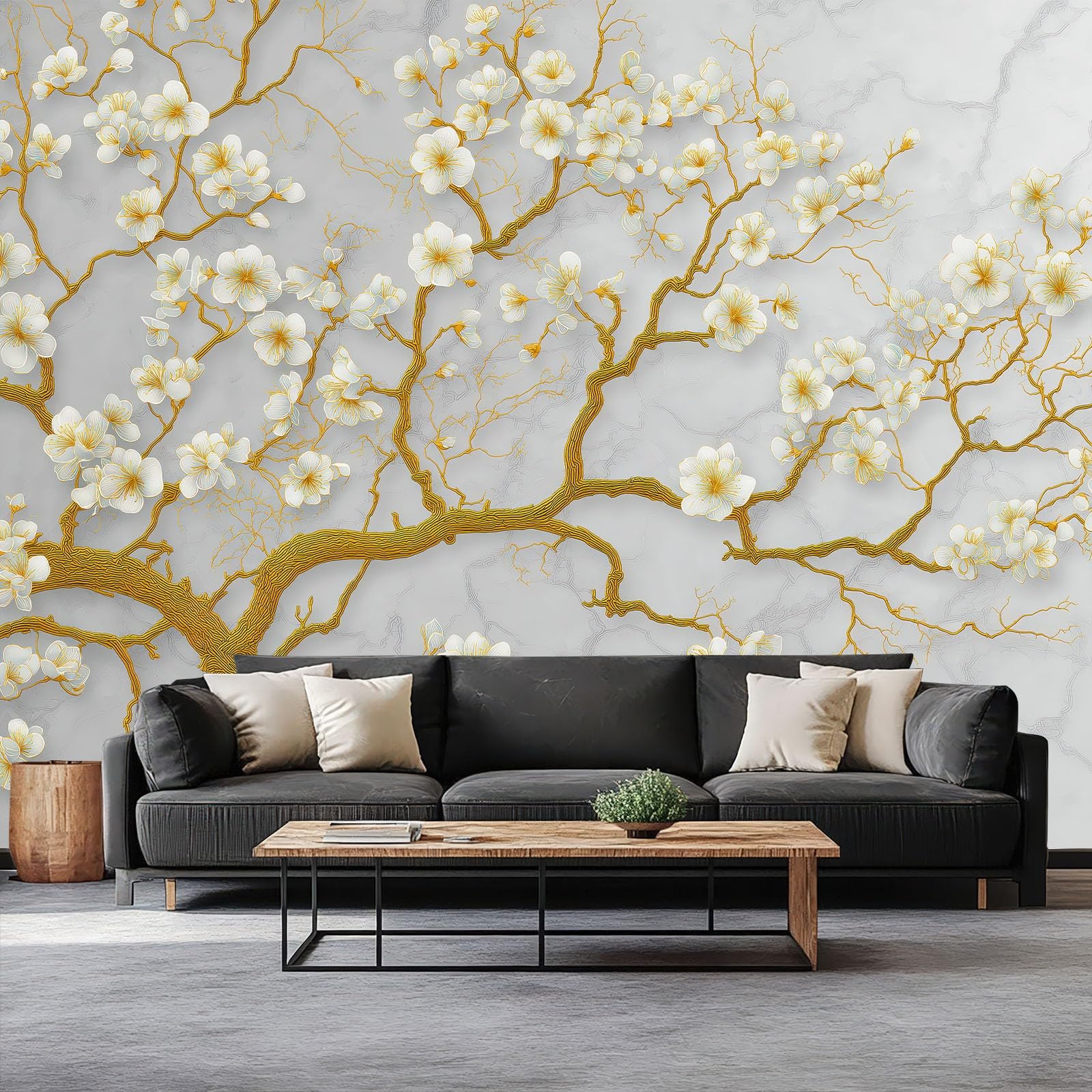 Generico Fototapety ścienne zmywalne 300 x 210 cm - Eleganckie marmurowe gałęzie, oddychająca i trwała tapeta z włókniny, łatwa do nałożenia na ścianę, biała (bez kleju)