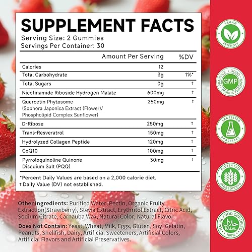 Miniatura 2 de NR Collagen CoQ10 Super Gomitas N AD+ para energía y antienvejecimiento, 1500 mg por porción, con malato de hidrógeno de nicotinamida, ribósido,