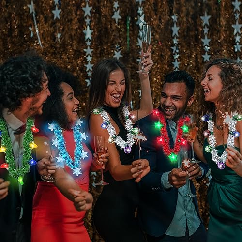Miniatura 5 de Paquete de 4 collares iluminados para Año Nuevo, 6 modos de iluminación, suministros de fiesta de Año Nuevo, guirnalda de oropel luz de Navidad,