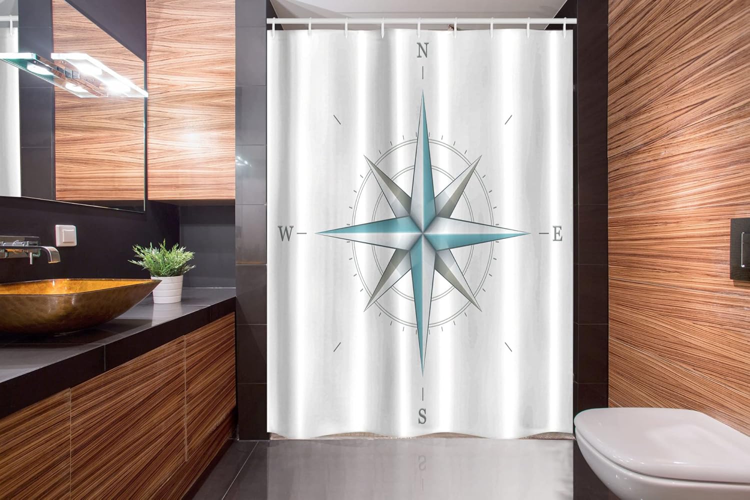 Ambesonne Compass Stall Shower Curtain, Antique Wind Rose Diagram for Cardinal Directions Axis of Earth Illustration, Fabric Bathroom Decor Set with Hooks, 54" W X 78" L, Teal Dimgray