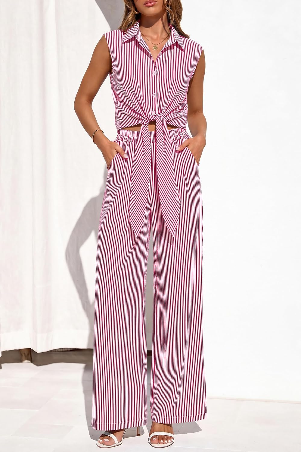 PRETTYGARDEN 2 Piece Sets For Women Summer Striped Button Down Tie Front Crop Tops Wide Leg Pants Floral Lounge Set 2026 - Image 7