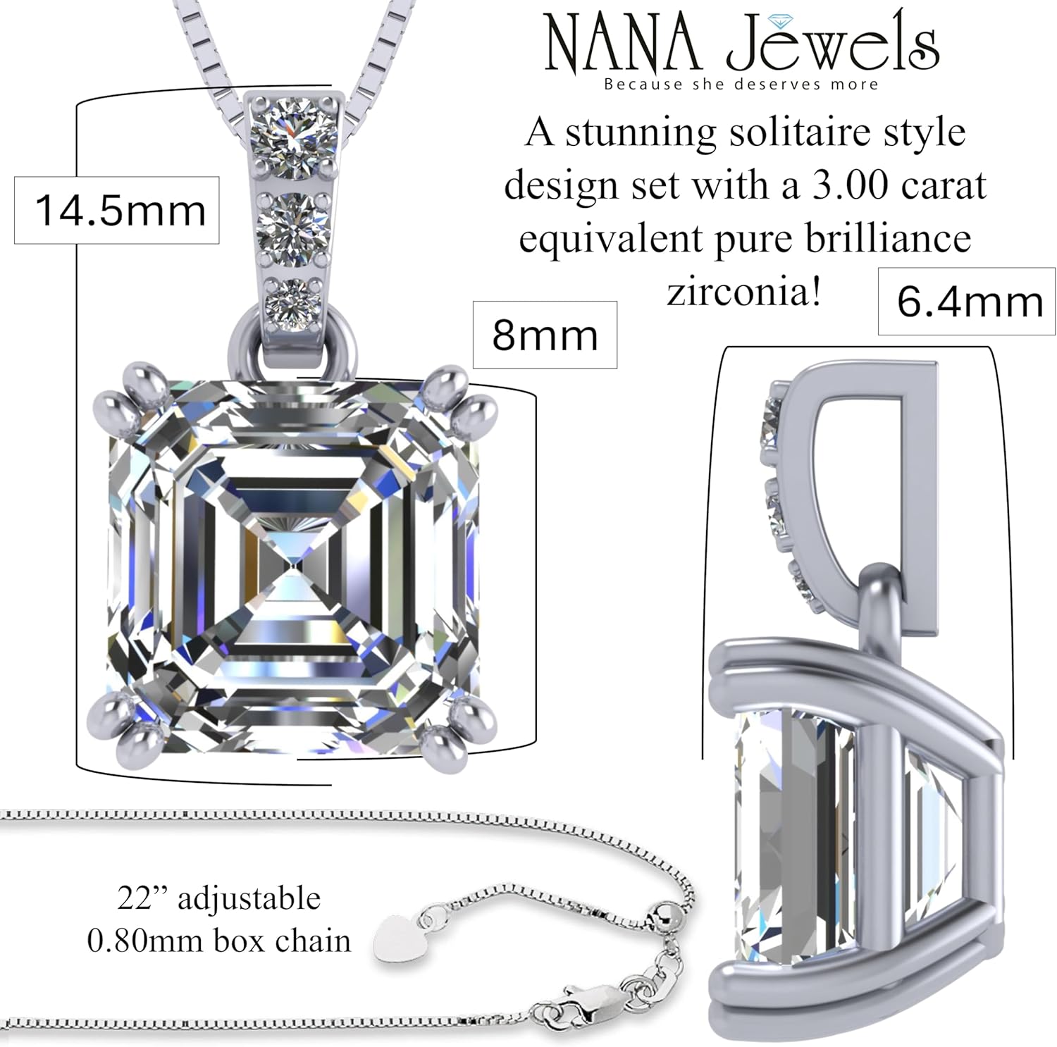 NANA Jewels Asscher Cut CZ Simulated Diamond Solitaire Necklace Sterling Silver - Image 2
