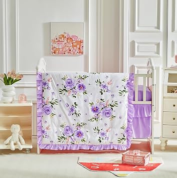 3 Pieces Flowers Crib Bedding Set Baby Ruffled Quilted Comforter with Fitted Sheet and Bed Skirt - Cute Ruffled Shabby Chic Baby Bedding Soft Blanket Floral Design