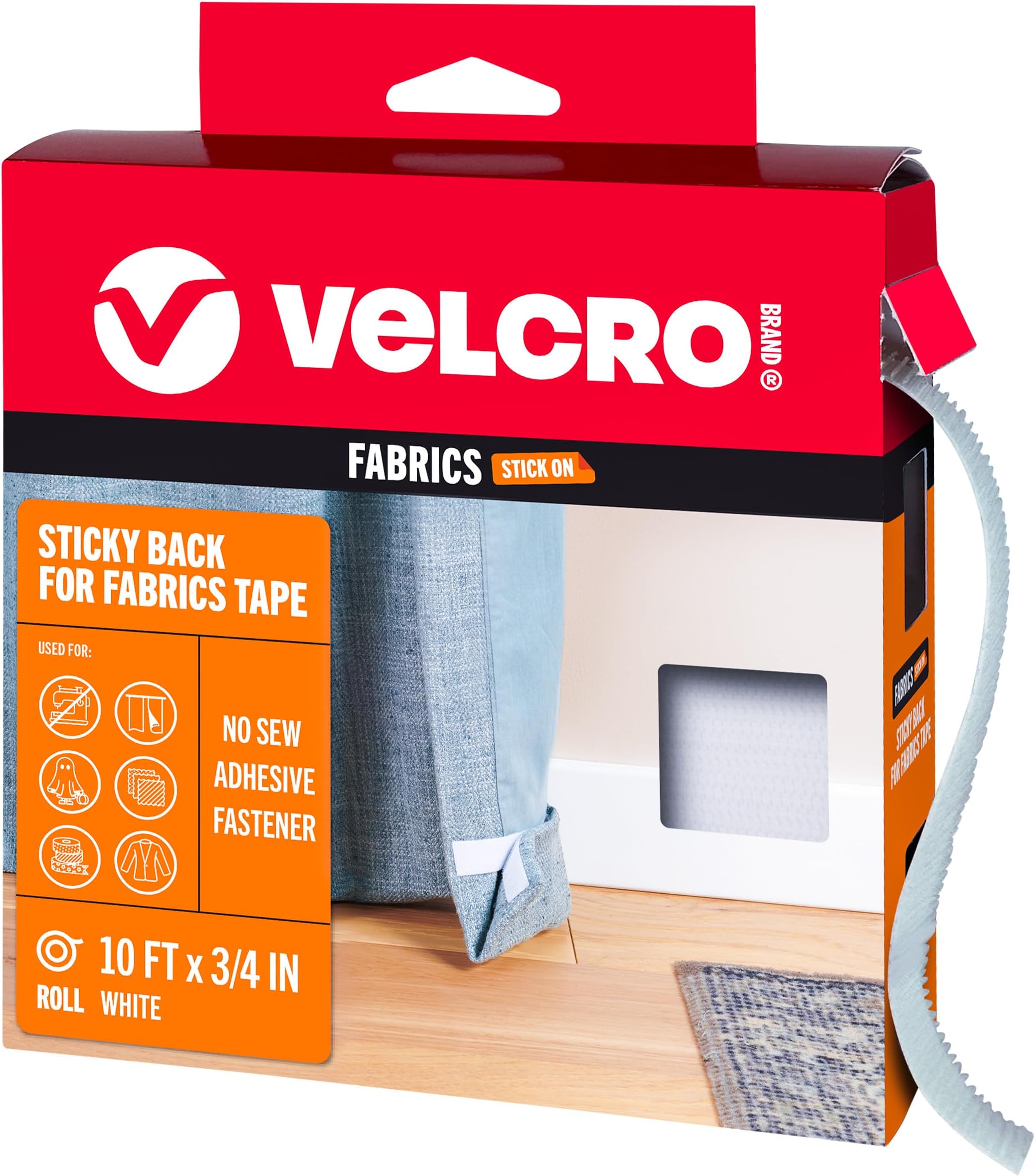 VELCRO Brand Sticky Back for Fabrics, 10 Ft Bulk Roll No Sew Tape with Adhesive, Cut Strips to Length Permanent Bond to Clothing for Hemming Replace Zippers and Snaps, White