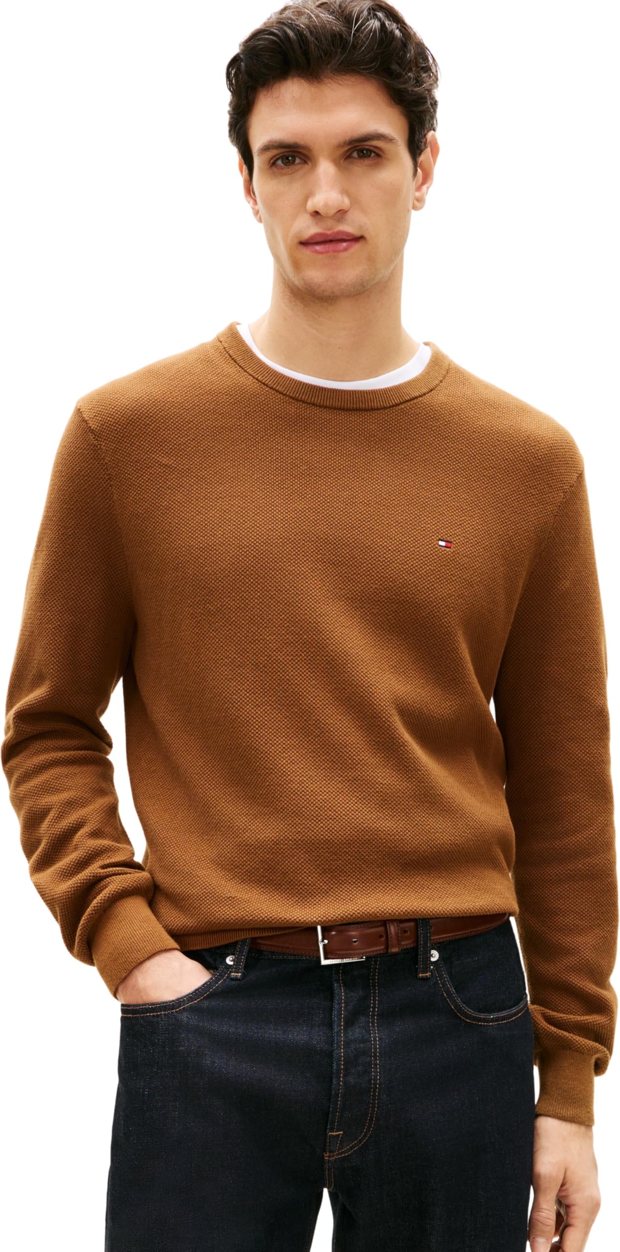 Tommy Hilfiger Men Essential Structure Crew Neck MW0MW36347 Pullover Sweater, Brown, XXL