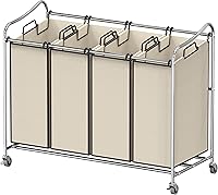 SimpleHouseware Heavy Duty 4-Bag Rolling Laundry Sorter Cart with Brake Casters, Chrome - 44 Gallon Capacity