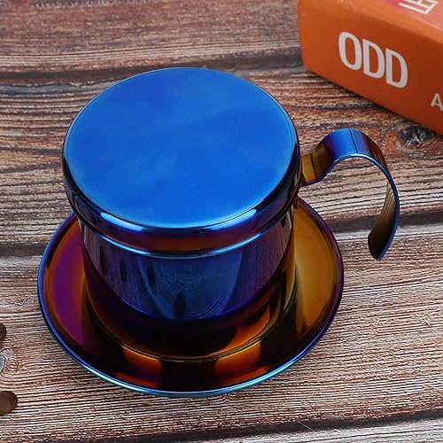 Miniatura 5 de Olla de filtro de goteo de café de acero inoxidable estilo vietnamita, cafetera de goteo para el hogar, cocina, oficina al aire libre (azul)