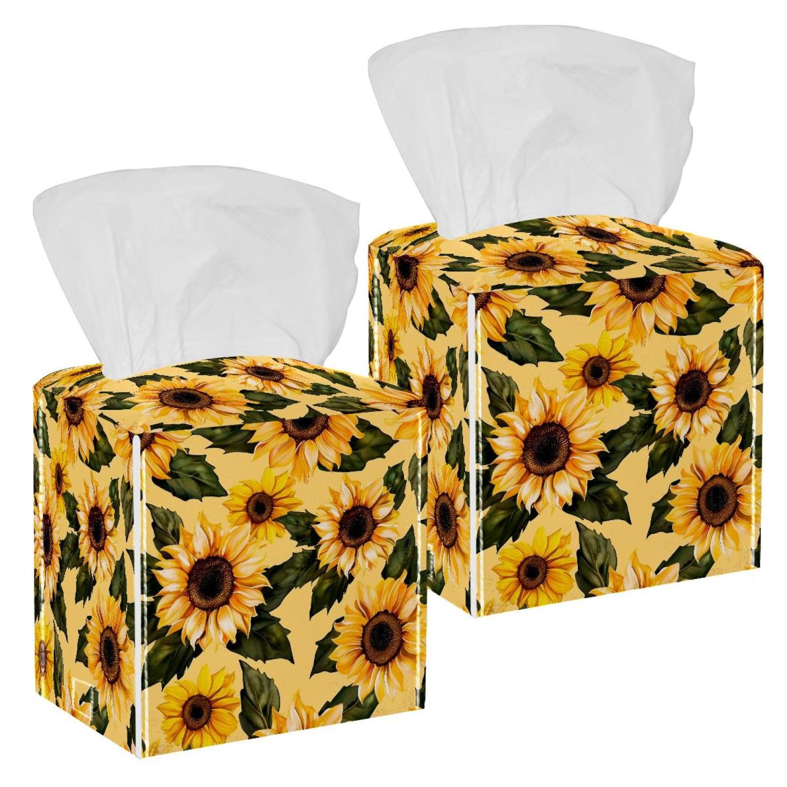 Sunflower Tissue Box Cover, 2 Pack PU Leather Square Facial Tissue Dispenser Box holder for Home Office Car