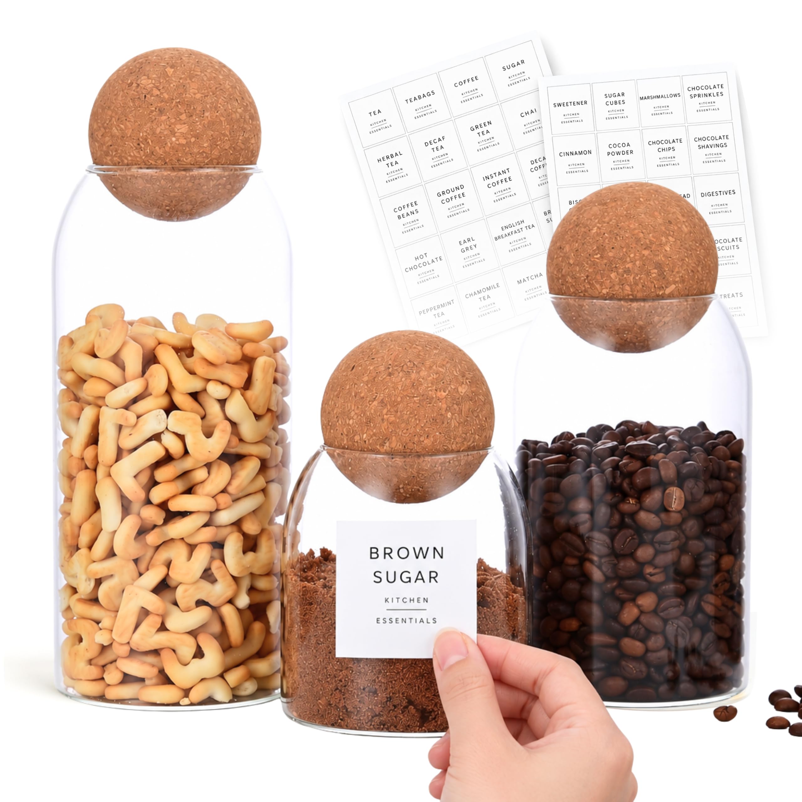 Livabl Tea Coffee and Sugar Canisters Set, 3 x Mix Size Cork Lid Glass Jars