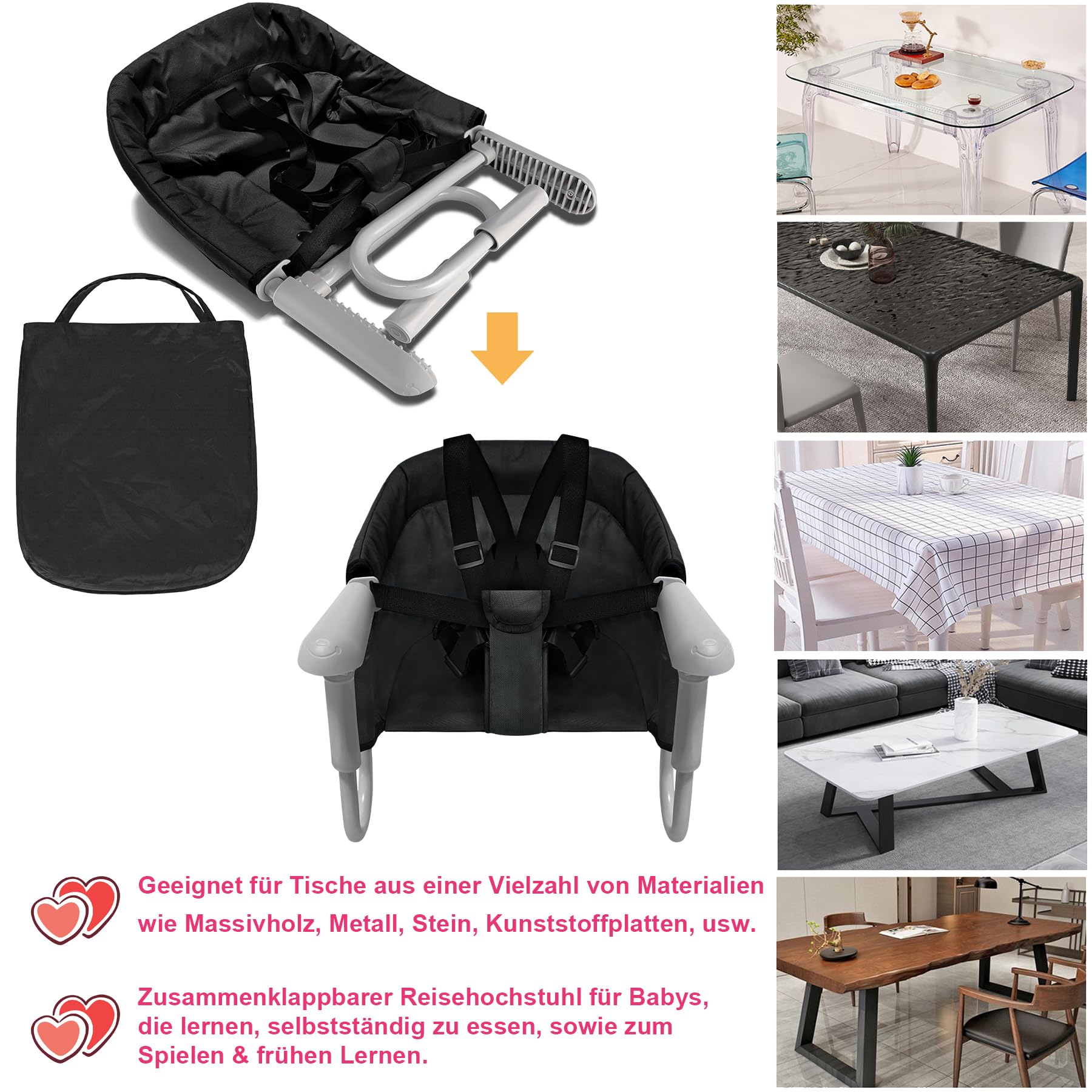 Froadp Faltbar Tischsitze Baby Klappbare Boostersitze Stuhlsitz 6-36 Monate Babystuhl für 2-8cm Dicke Tische Kinder Sitzerhöhung Sitzhilfe Babysitz mit Anti-Rutsch-Klemmen Kapazität 8-15KG (Schwarz)