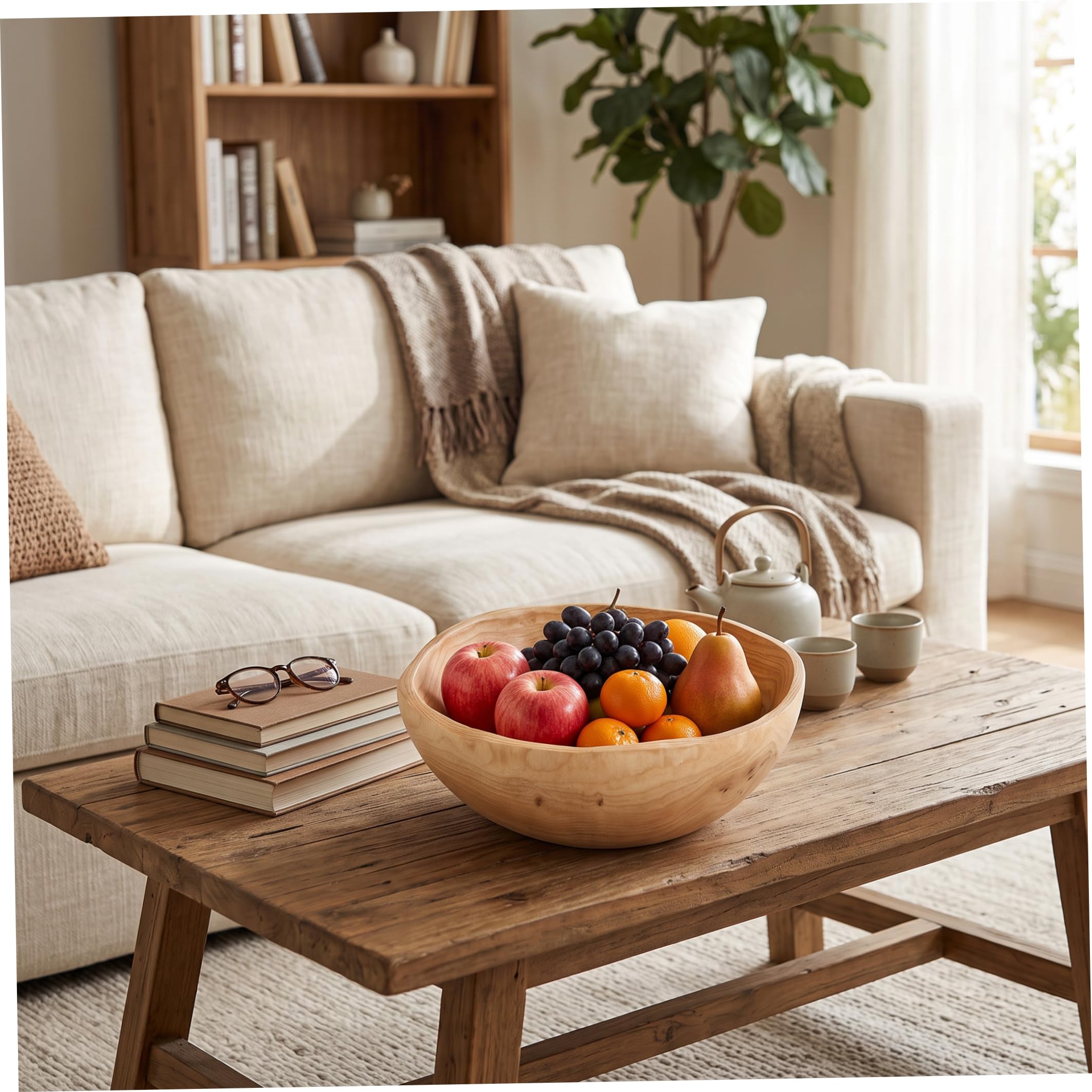 Bol en bois avec bol en bois enduit de grain naturel, 10-11 pouces | Lisse sans bord, construction robuste, lavage facile, convient aux fruits, salades, bijoux, clés.